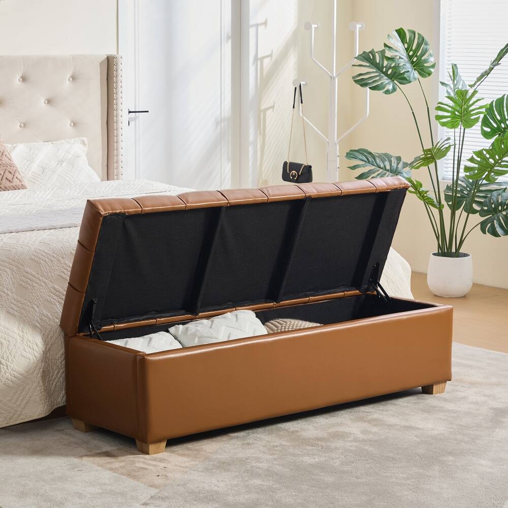 Back. Ropilly - Ropilly Tufted PU Leather Storage Bench Burnt Brown End of Bed Ottoman with Flip Top - Burnt Brown.