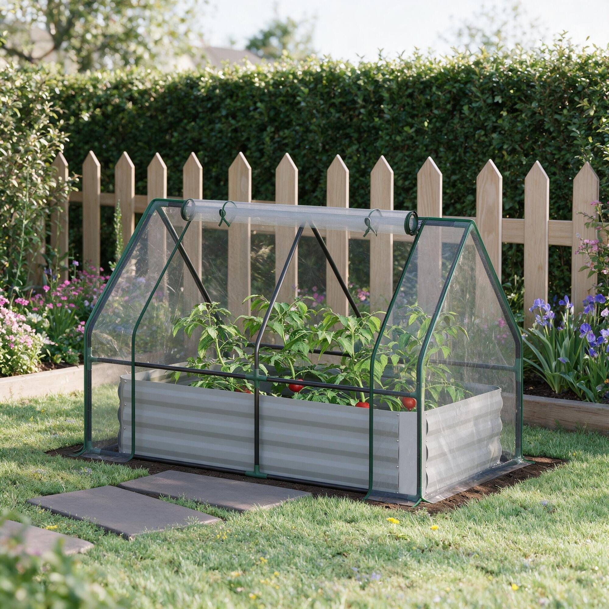 Alt View 1. RYHNUYNE - Outsunny 4' x 3' Galvanized Raised Garden Bed with PVC Greenhouse Cover, 2 Roll-Up Windows for Vegetables - Clear.