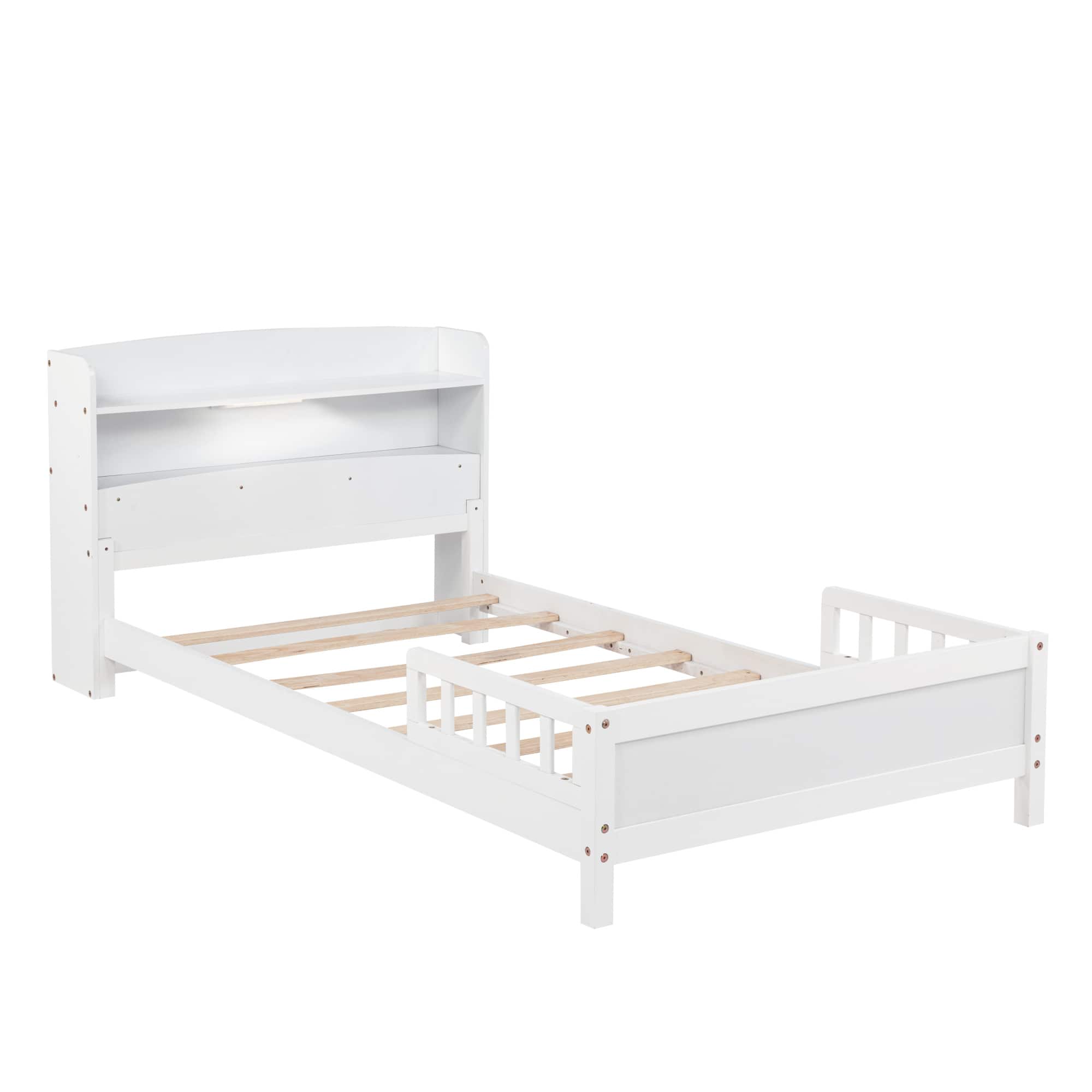 GOODSILO - Twin Bed with Integrated Bookshelf Headboard and Motion Sensor LED Lighting System for Enhanced Bedroom Functionality - White