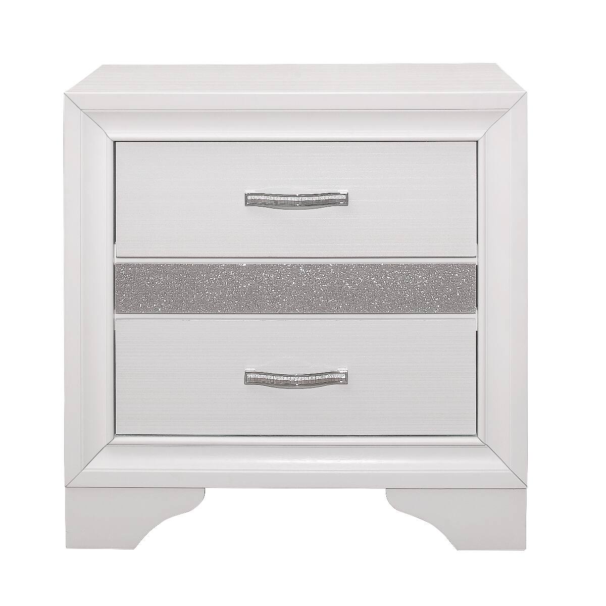 Alt View 1. Loheer - Loheer White Nightstand with Drawers, Hidden Jewelry Storage, Silver Glitter Finish - White and Silver Glitter.