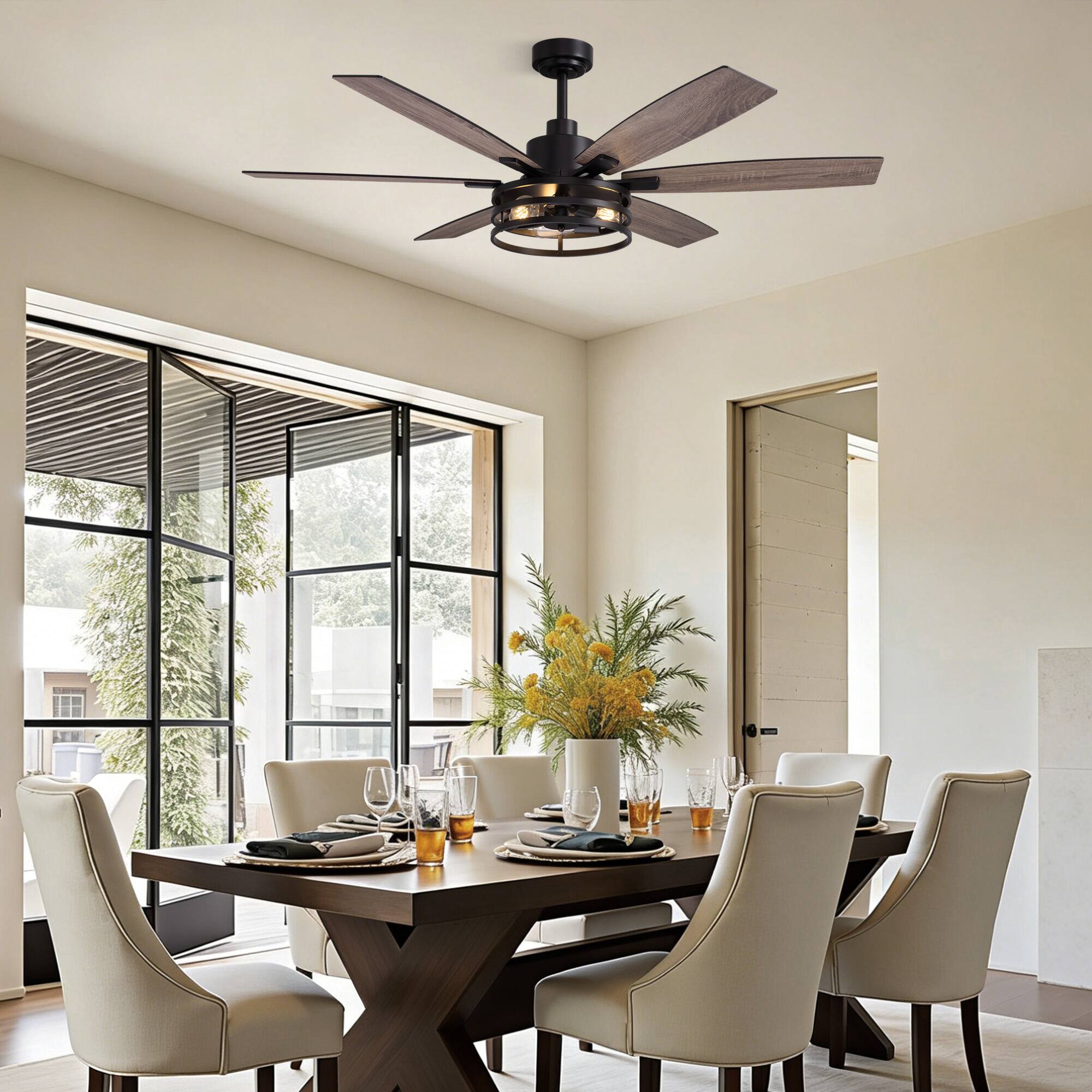 Alt View 1. Siljoy - 60-Inch Matte Black Farmhouse Cage Ceiling Fan with Light 6 Big Dual Color Blades for Living Room Bedroom Kitchen Patio - Black.