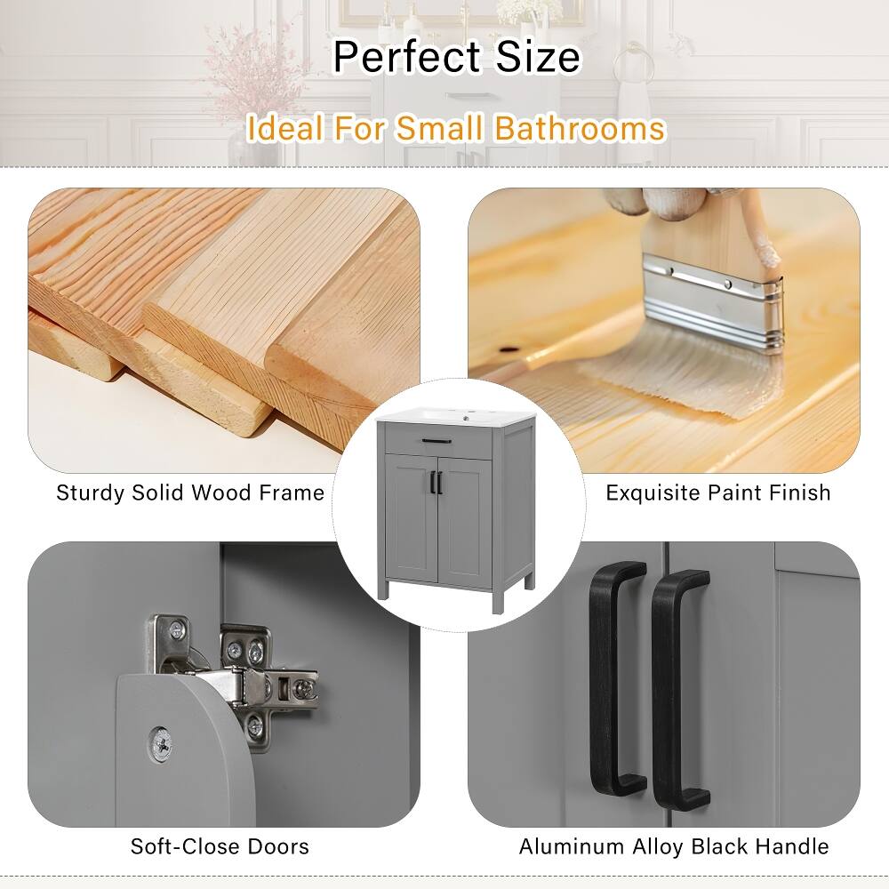 Perfect Size  
Ideal For Small Bathrooms  
Sturdy Solid Wood Frame  
Exquisite Paint Finish  
Soft-Close Doors  
Aluminum Alloy Black Handle