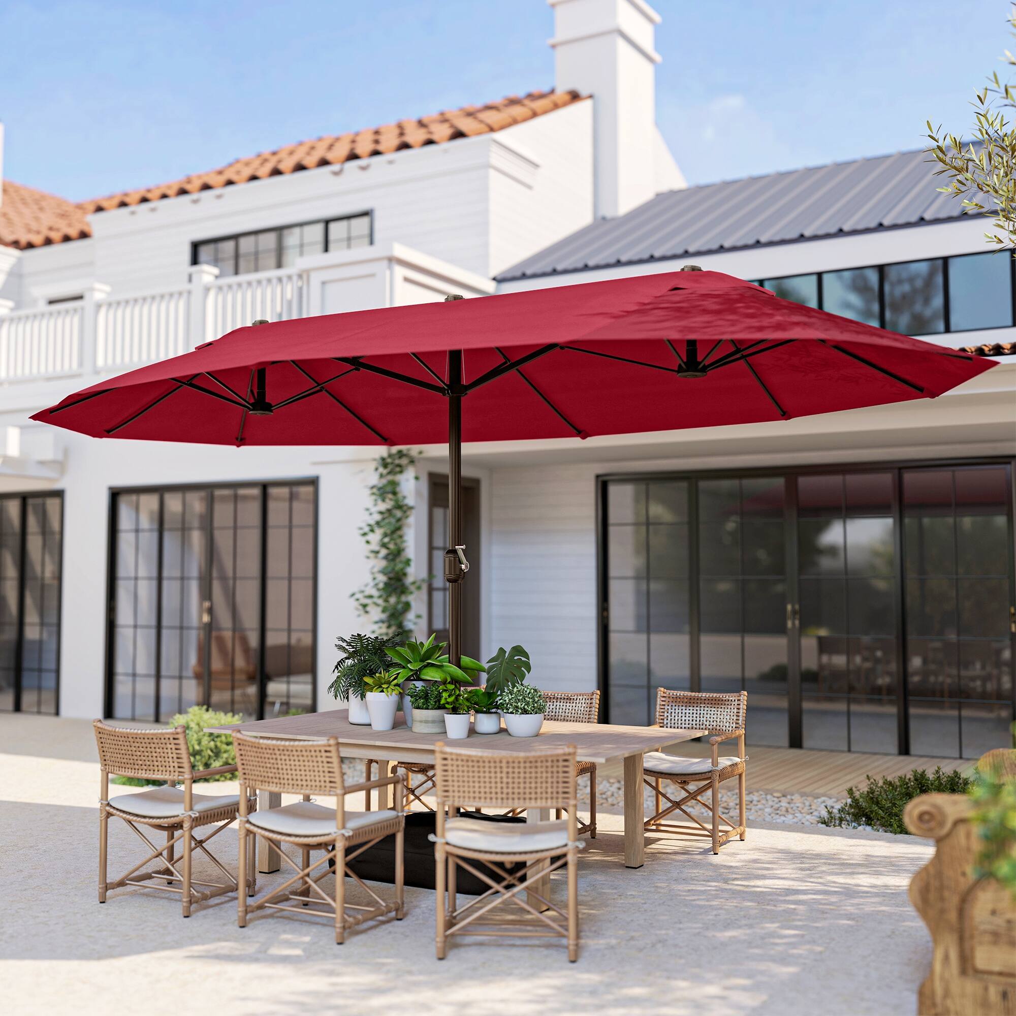 Alt View 8. Outsunny - Large Patio Umbrella with Base Included, 15' Steel Rectangular Double Sided Outdoor Umbrella - Wine Red.