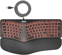 HESVAP - Ergonomic Split Wired Keyboard with Cushioned Palm Rest, 7-Color Backlight, USB - Black/Gray