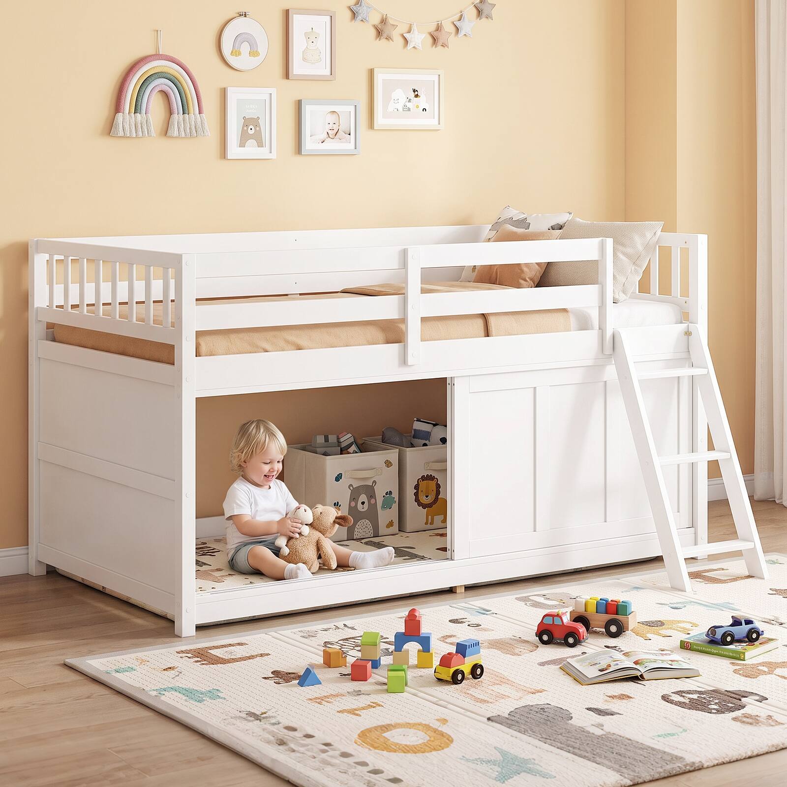 Alt View 6. Costway - Costway Twin Size Loft Bed with Aluminum Sliding Door,Spacious Under-Bed Space, Guardrails - White.