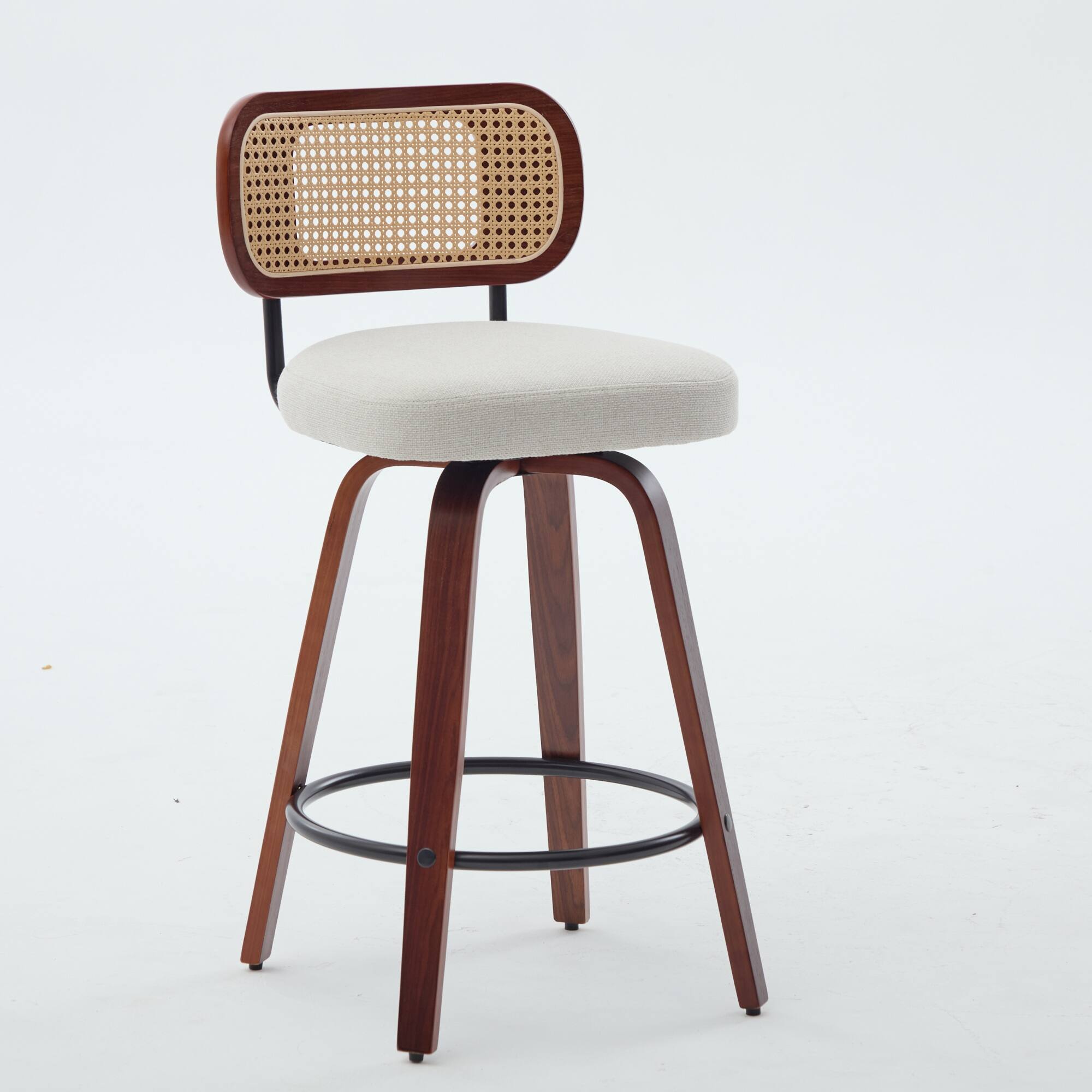 Angle. PexFix - Farmhouse Walnut Counter Stools, Set of 3, Cane Rattan Back, Upholstered Seat, Swivel for Kitchen Island, Home Bar - Beige.