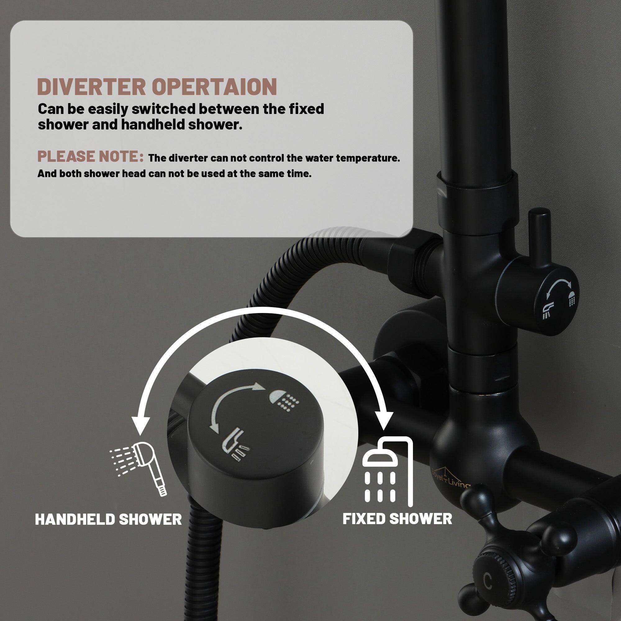 DIVERTER OPERTAION Can be easily switched between the fixed shower and handheld shower. PLEASE NOTE: The diverter can not control the water temperature. And both shower head can not be used at the same time. HANDHELD SHOWER FIXED SHOWER
