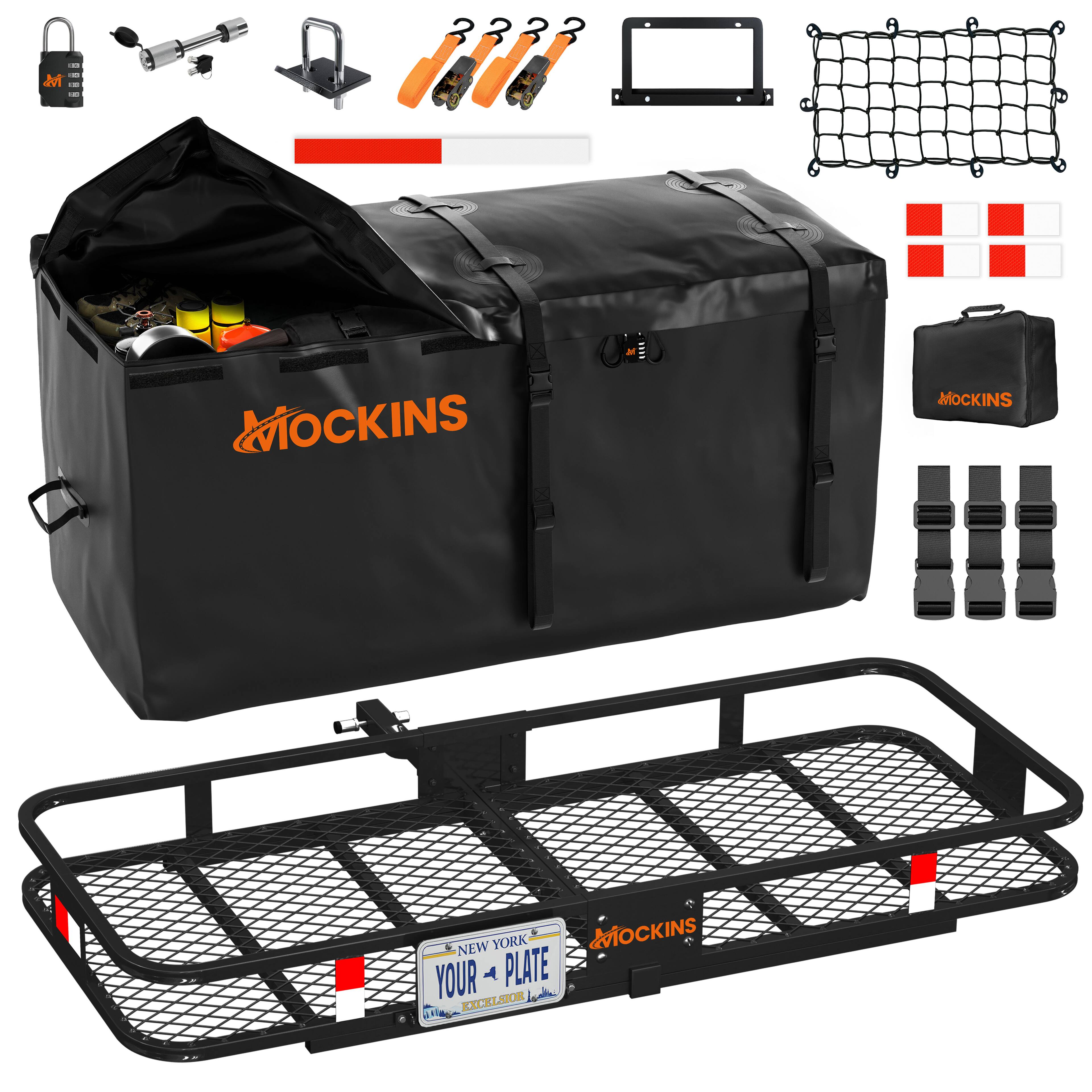 Mockins - 60 in. x 24 in. x 6 in. Folding Tow Hitch Mount Cargo Carrier w/ 25 Cu Ft. Cargo Bag & Hitch Basket Accessories