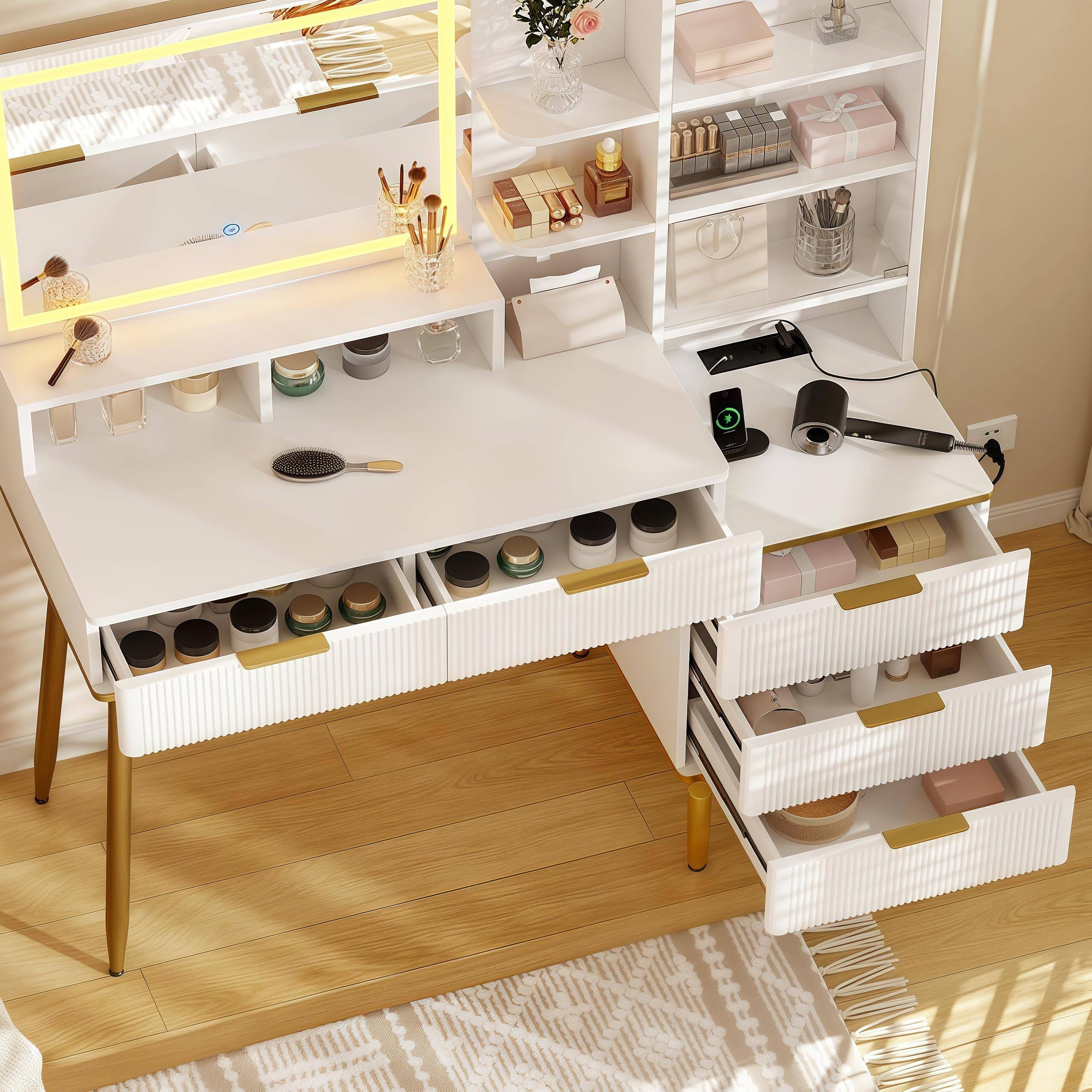 Left. Jojoka - Fluted Vanity Desk with Lighted Mirror, 5 Drawers, Shelves & 3-Color LED, Power Outlet for Bedroom - White.