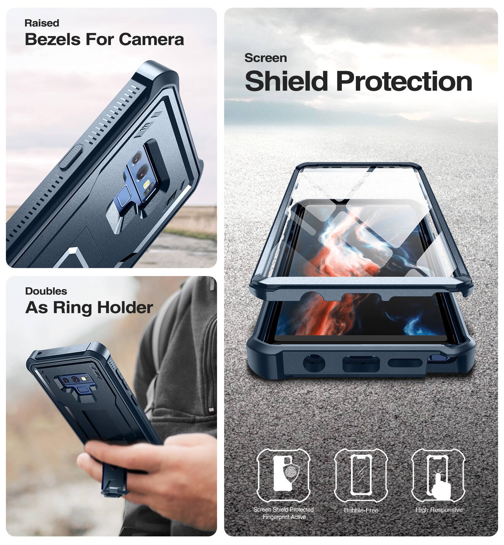 Raised Bezels For Camera  
Screen Shield Protection  
Doubles As Ring Holder  

Screen Shield Protected  
Fingerprint Active  
Bubble-Free  
High Responsive