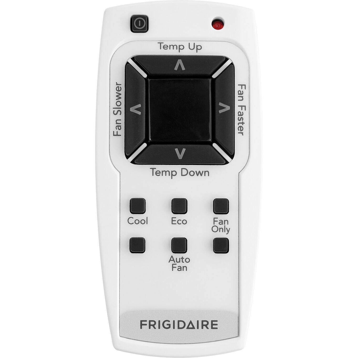 The text on the image is grouped and corrected as follows:

Frigidaire Remote Control

Temperature Controls:

* Temp Up
* Temp Down
* Cool
* Eco
* Fan Only
* Auto
* Fan

Fan Controls:

* Slower Fan
* Faster Fan