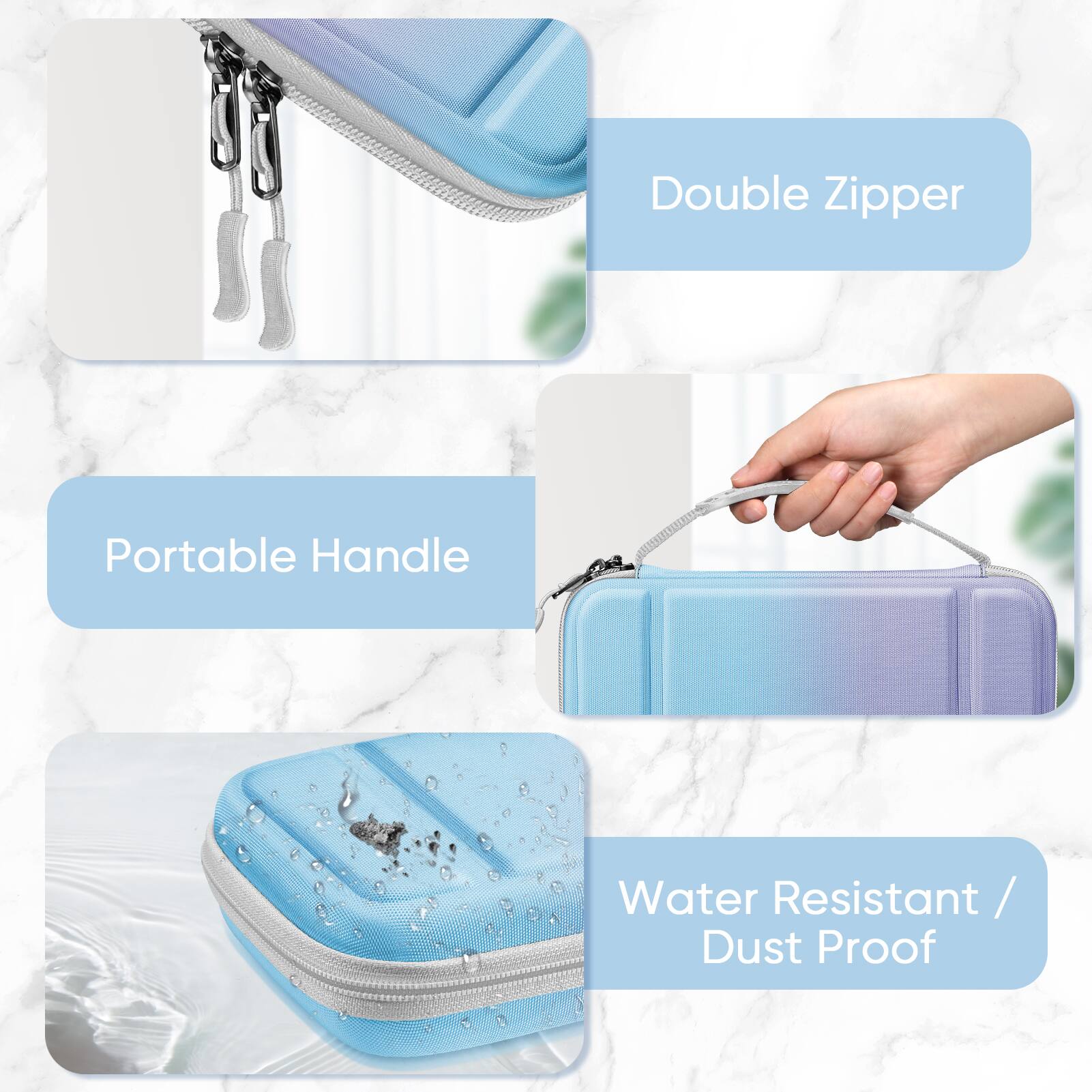 Double Zipper  
Portable Handle  
Water Resistant / Dust Proof