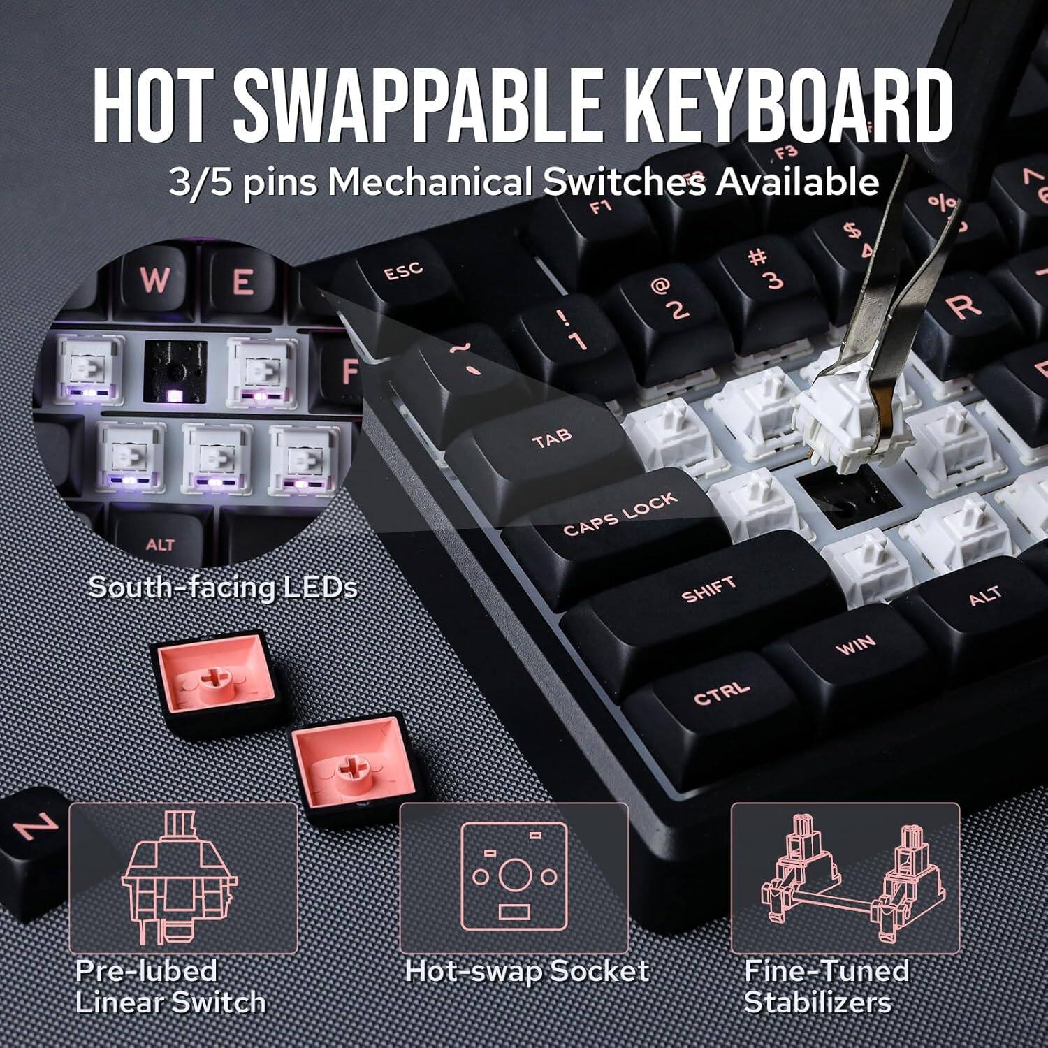 HOT SWAPPABLE KEYBOARD  
3/5 pins Mechanical Switches Available  

- South-facing LEDs  
- Pre-lubed Linear Switch  
- Hot-swap Socket  
- Fine-Tuned Stabilizers  

Key Layout:  
- ESC  
- F1 F2 F3  
- 1 2 3 4 5  
- Q W E R T  
- A S D F G  
- Z X C V B  
- CTRL WIN ALT SHIFT  
- CAPS LOCK  
- TAB