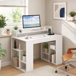 WELLFOR - 43" Modern Computer Desk with Power Outlets and 2 Bookcases, Office Office Desk with Monitor Stand - White