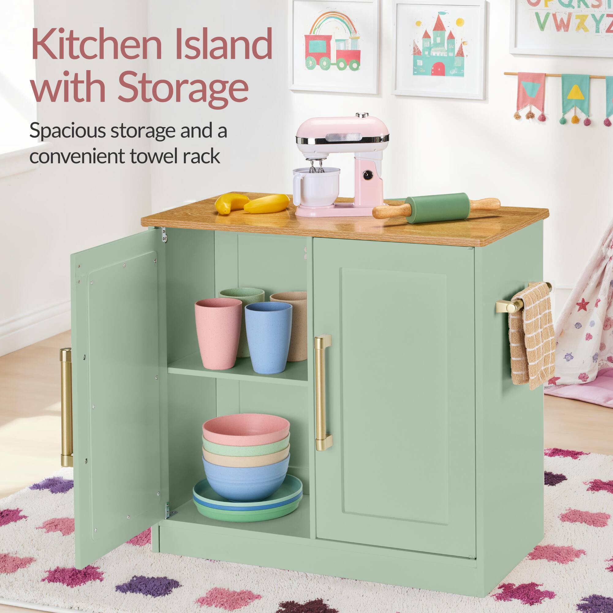 Kitchen Island with Storage  
Spacious storage and a convenient towel rack
