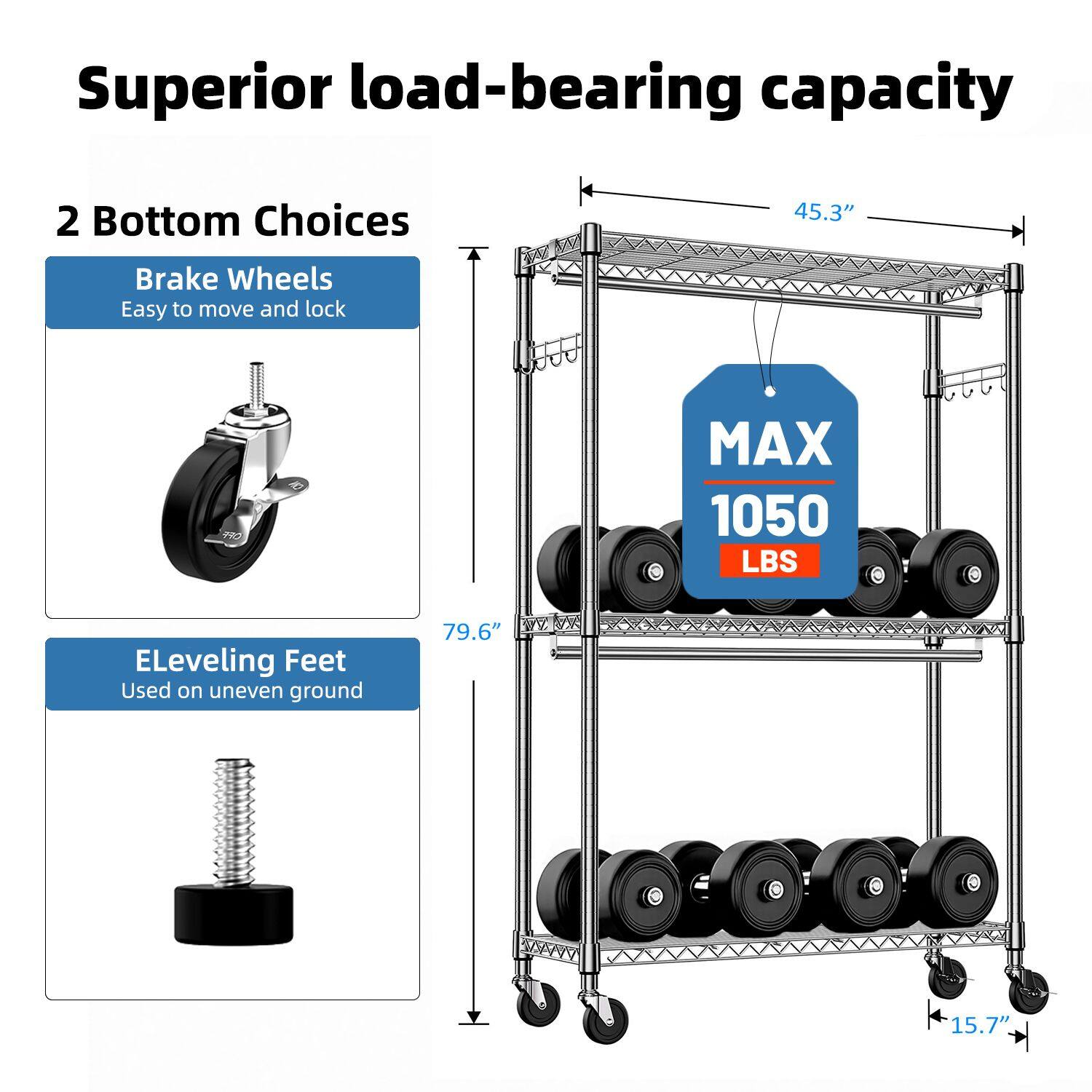 Superior load-bearing capacity

2 Bottom Choices

- Brake Wheels
  - Easy to move and lock

- ELeveling Feet
  - Used on uneven ground

MAX 1050 LBS

45.3" (width)
79.6" (height)
15.7" (depth)