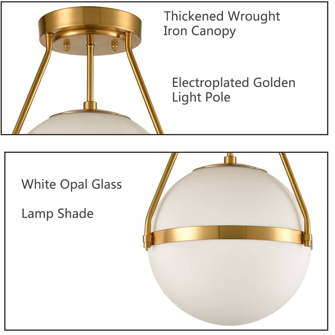 Thickened Wrought Iron Canopy  
Electroplated Golden Light Pole  
White Opal Glass Lamp Shade