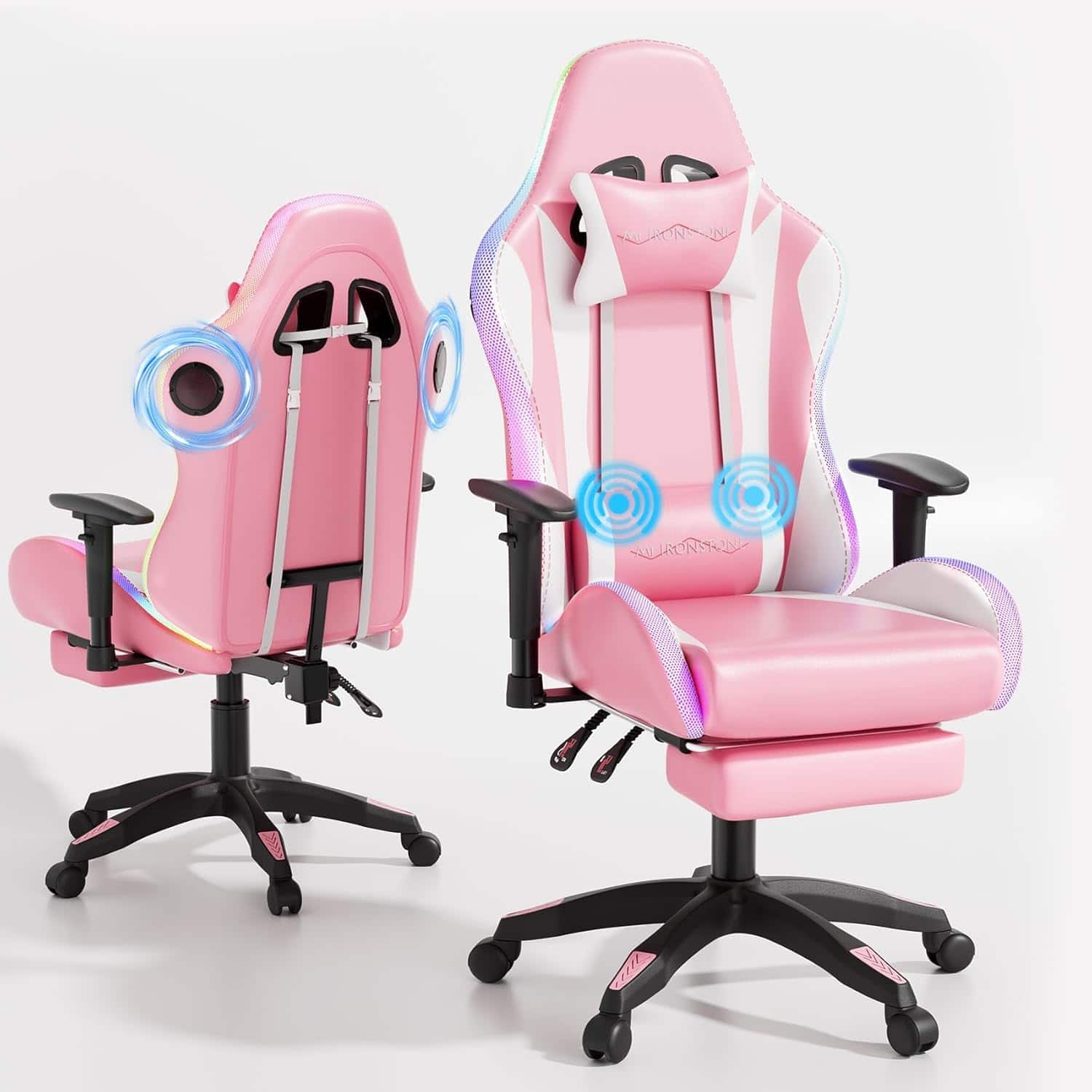 COQOOL - Gaming Chair with Bluetooth Speakers and Led Lights, Office Chair with Massage and High Back Computer Racing Chair - Pink