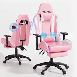 COQOOL - Gaming Chair with Bluetooth Speakers and Led Lights, Office Chair with Massage and High Back Computer Racing Chair - Pink