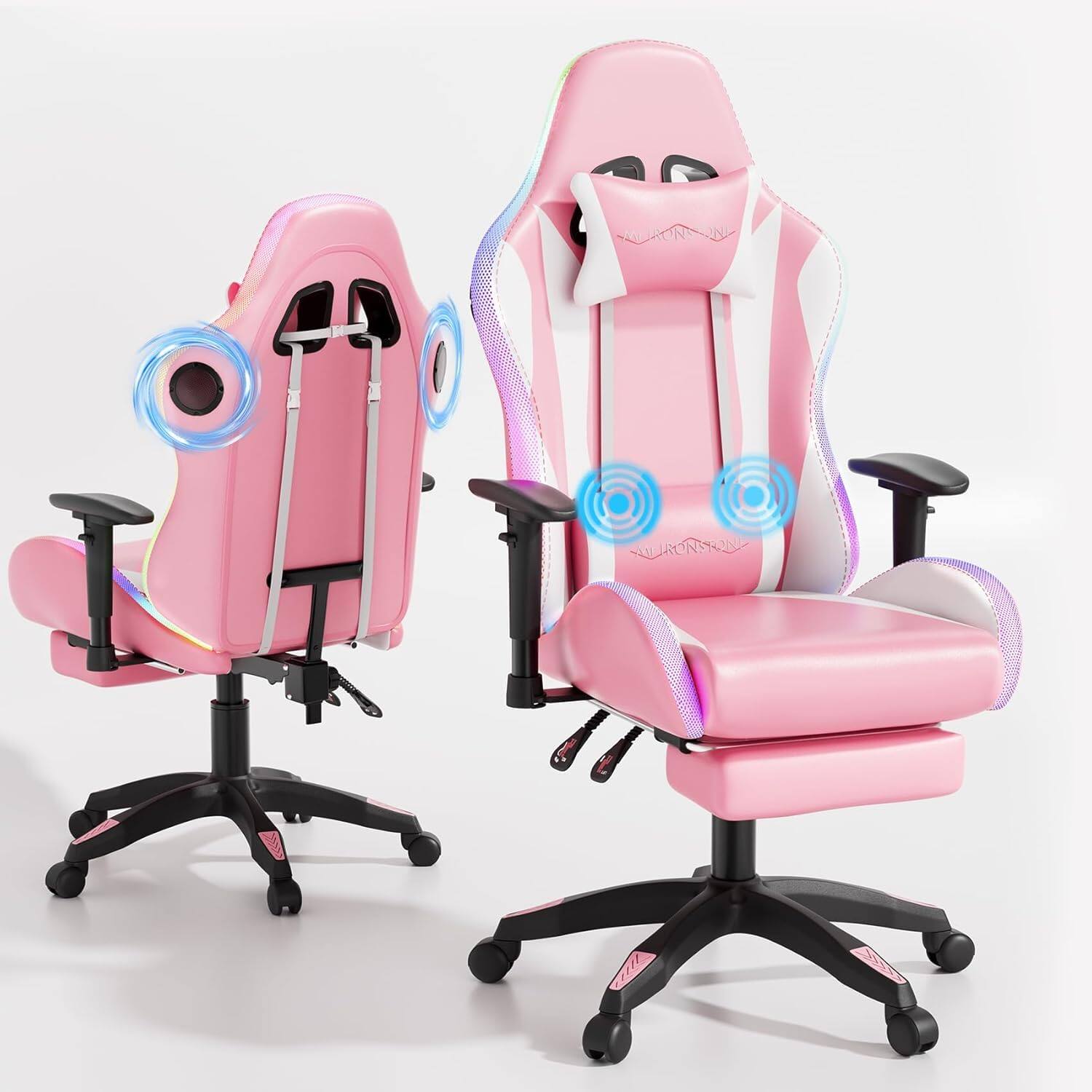 Front. COQOOL - Gaming Chair with Bluetooth Speakers and Led Lights, Office Chair with Massage and High Back Computer Racing Chair - pink.