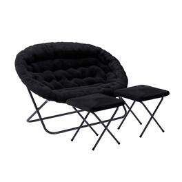 Emma + Oliver - Janey Folding Double Saucer Chair with 2 Ottomans and Steel Frame for Dorm or Bedroom - Black Fabric/Black Frame