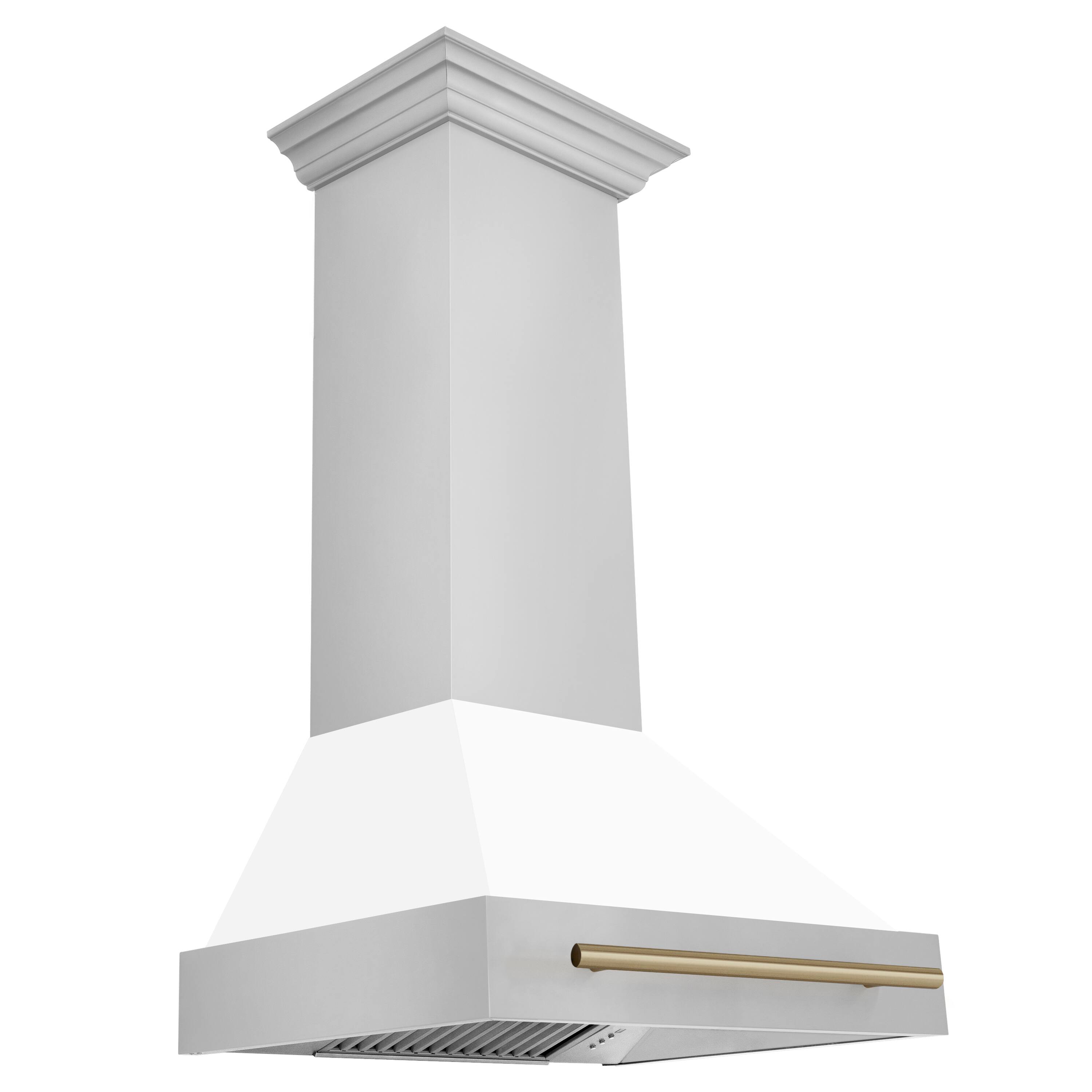 Left. ZLINE - ZLINE Autograph Edition 30 in. Stainless Steel Range Hood with White Matte Shell and Champagne Bronze Handle - Stainless Steel.