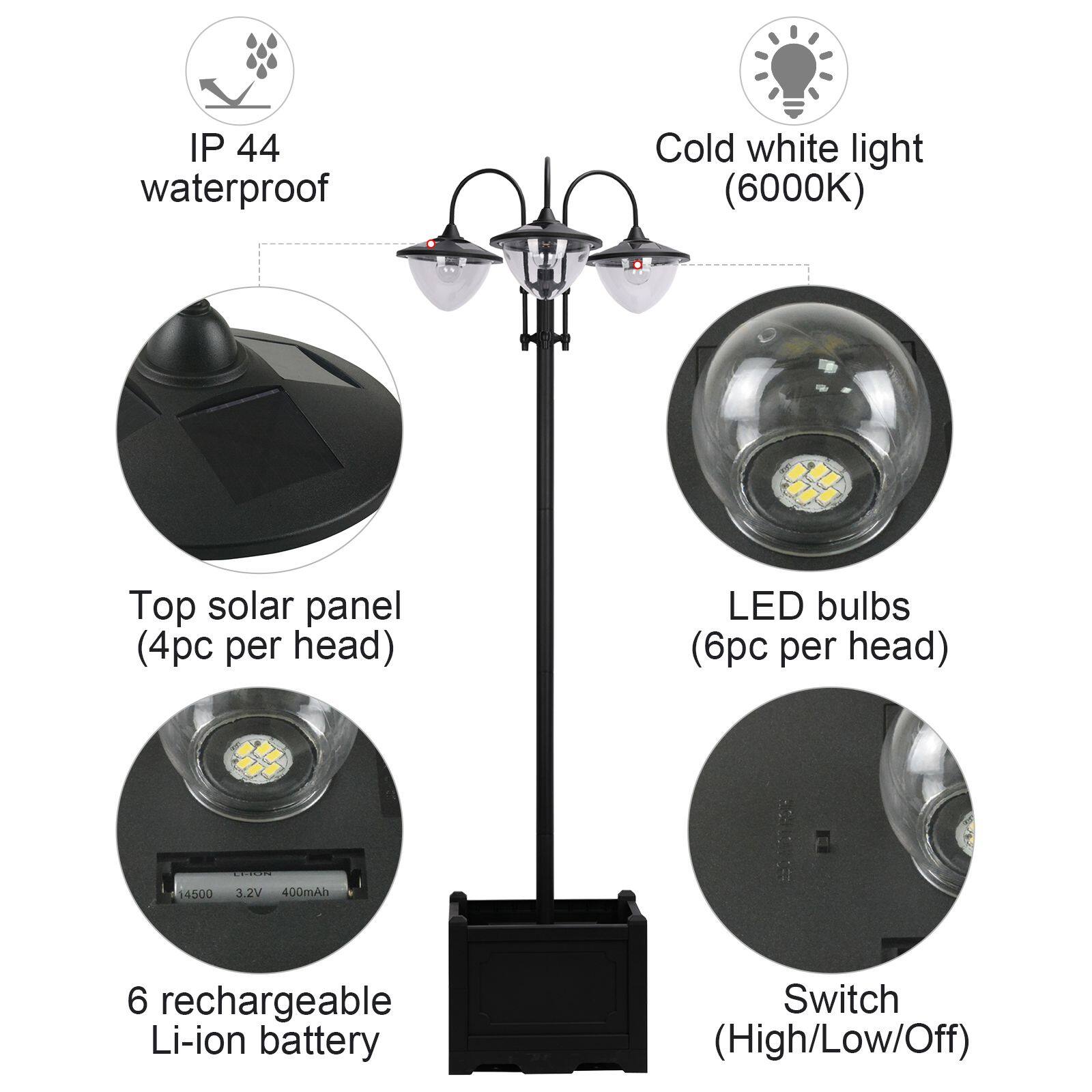 - IP 44 waterproof
- Cold white light (6000K)
- Top solar panel (4pc per head)
- LED bulbs (6pc per head)
- 6 rechargeable Li-ion battery
- Switch (High/Low/Off)