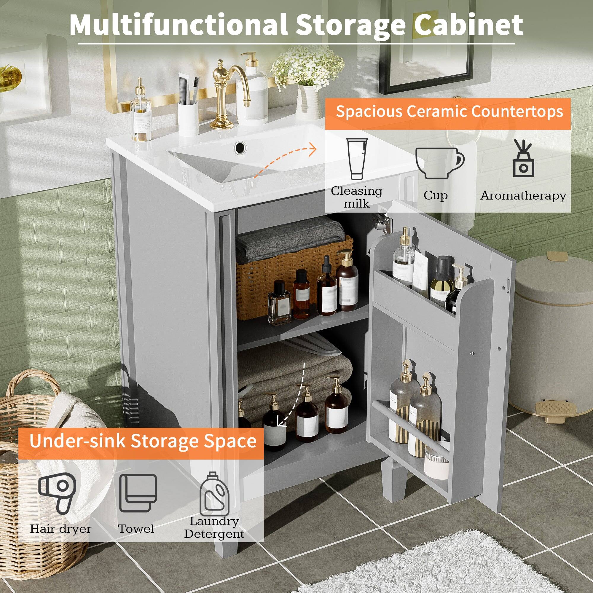 Multifunctional Storage Cabinet

Spacious Ceramic Countertops
- Cleansing milk
- Cup
- Aromatherapy

Under-sink Storage Space
- Hair dryer
- Towel
- Laundry Detergent