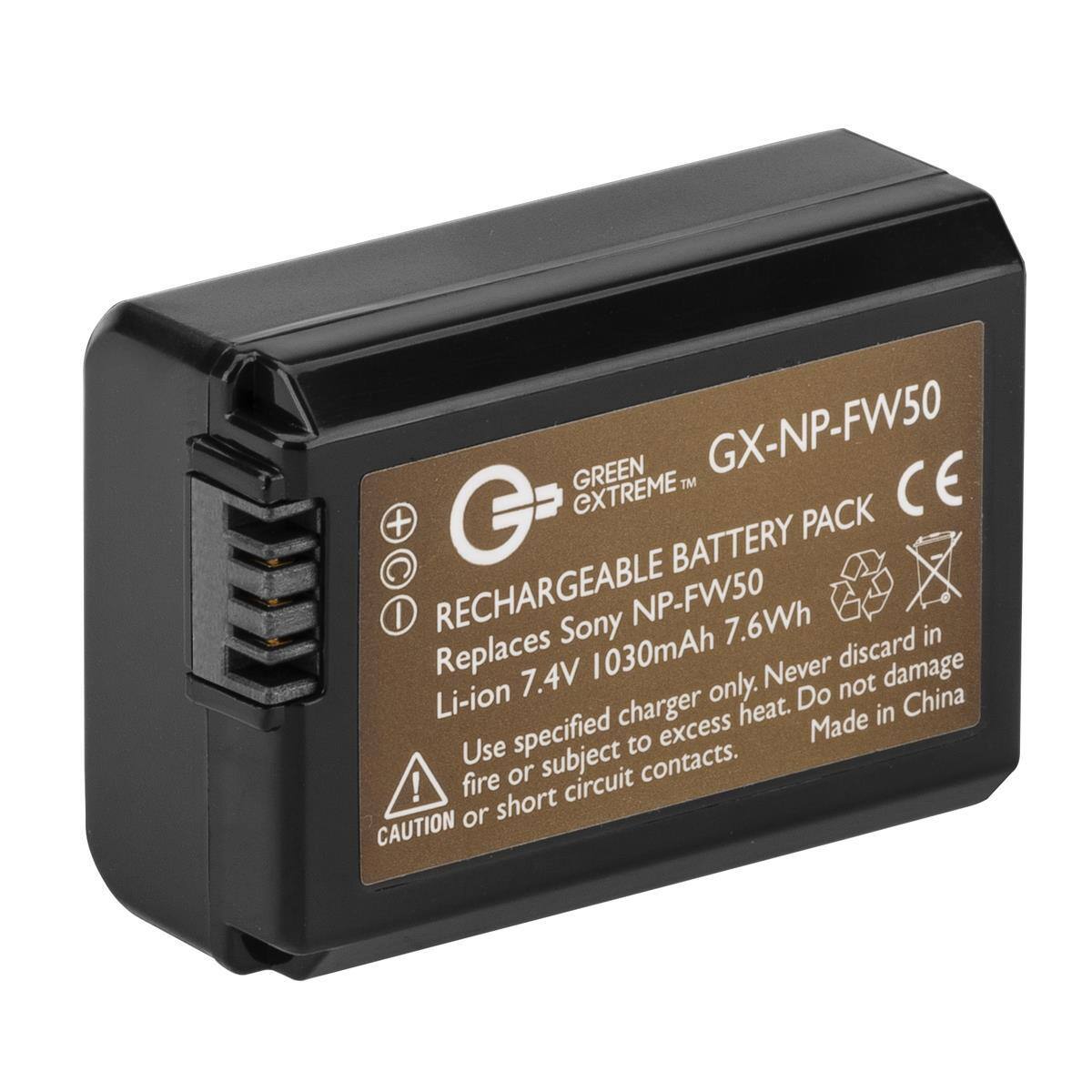GREEN GX-NP-FW50 TM CE G EXTREME PACK + BATTERY I RECHARGEABLE Sony NP-FW50 7.6Wh in Replaces 1030mAh Never discard damage Li-ion 7.4V only. Do not China specified charger excess heat. Made in Use to ! fire or subject circuit contacts. or short CAUTION