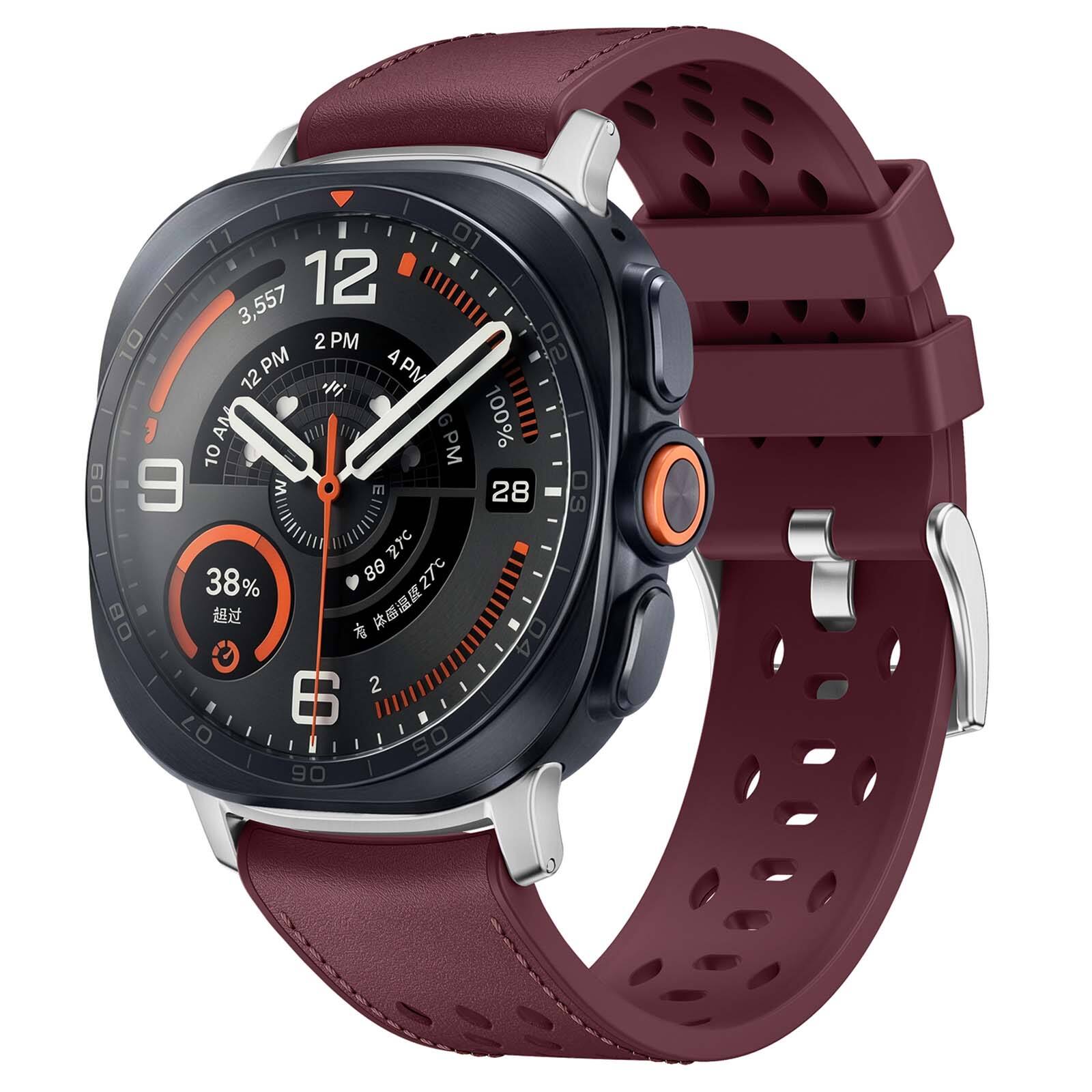 Dteck - Leather Band for Samsung Galaxy Watch Ultra 2/Ultra 47mm, Soft Breathable Sport Silicone + Leather Replacement Strap - Winered