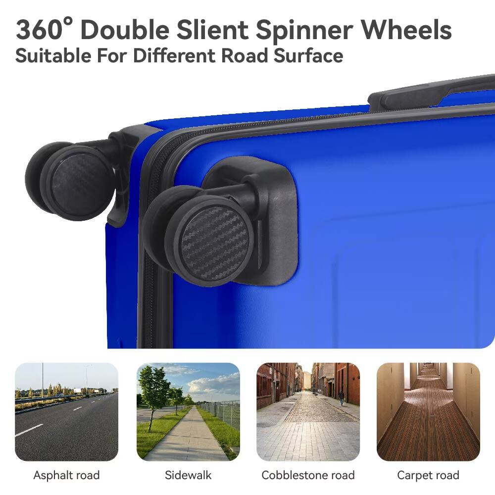 360° Double Silent Spinner Wheels  
Suitable For Different Road Surface  

- Asphalt road  
- Sidewalk  
- Cobblestone road  
- Carpet road