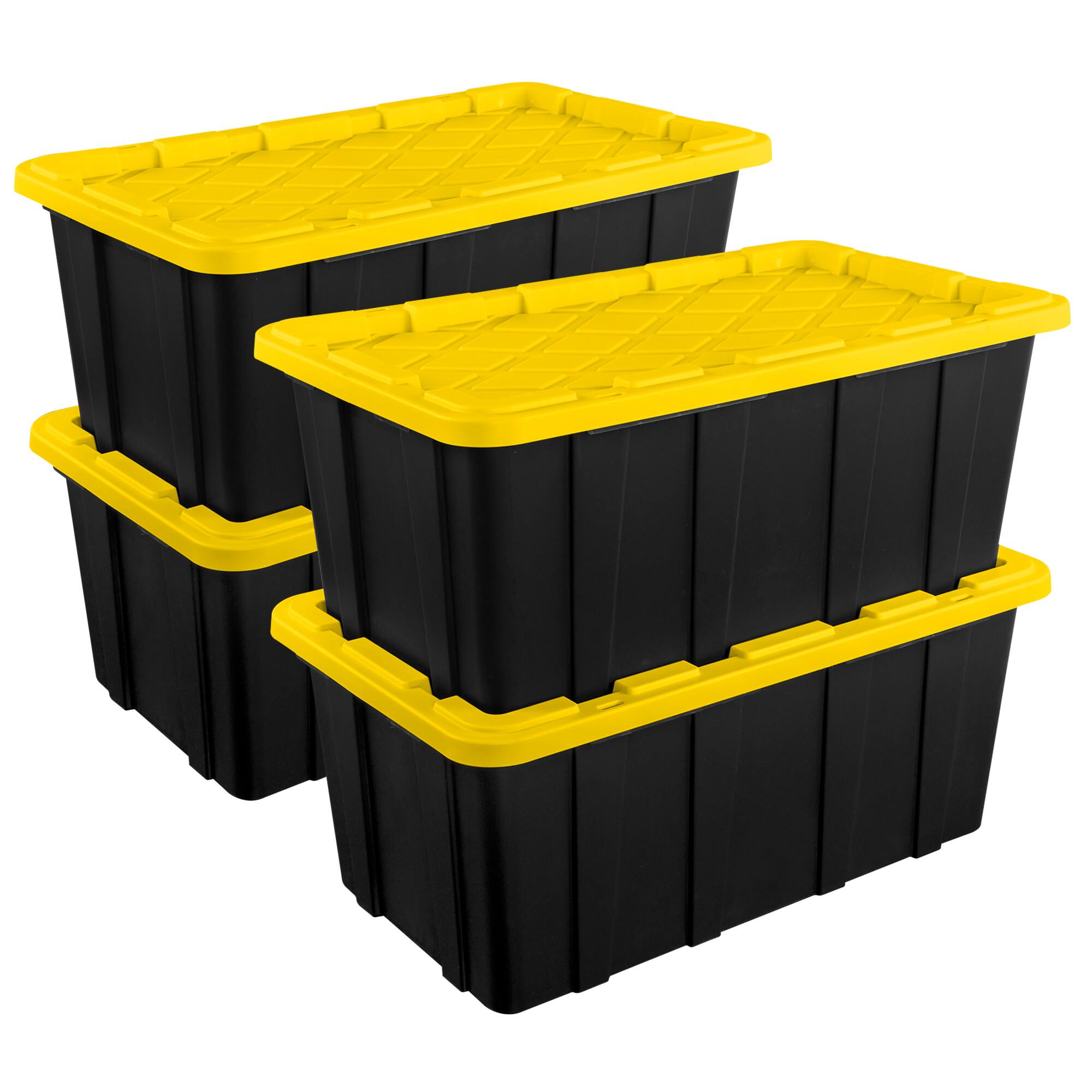 Front. Sterilite - Sterilite 38 Gallon Industrial Stackable Storage Tote Lidded Containers, 4 Pack - Black/yellow.