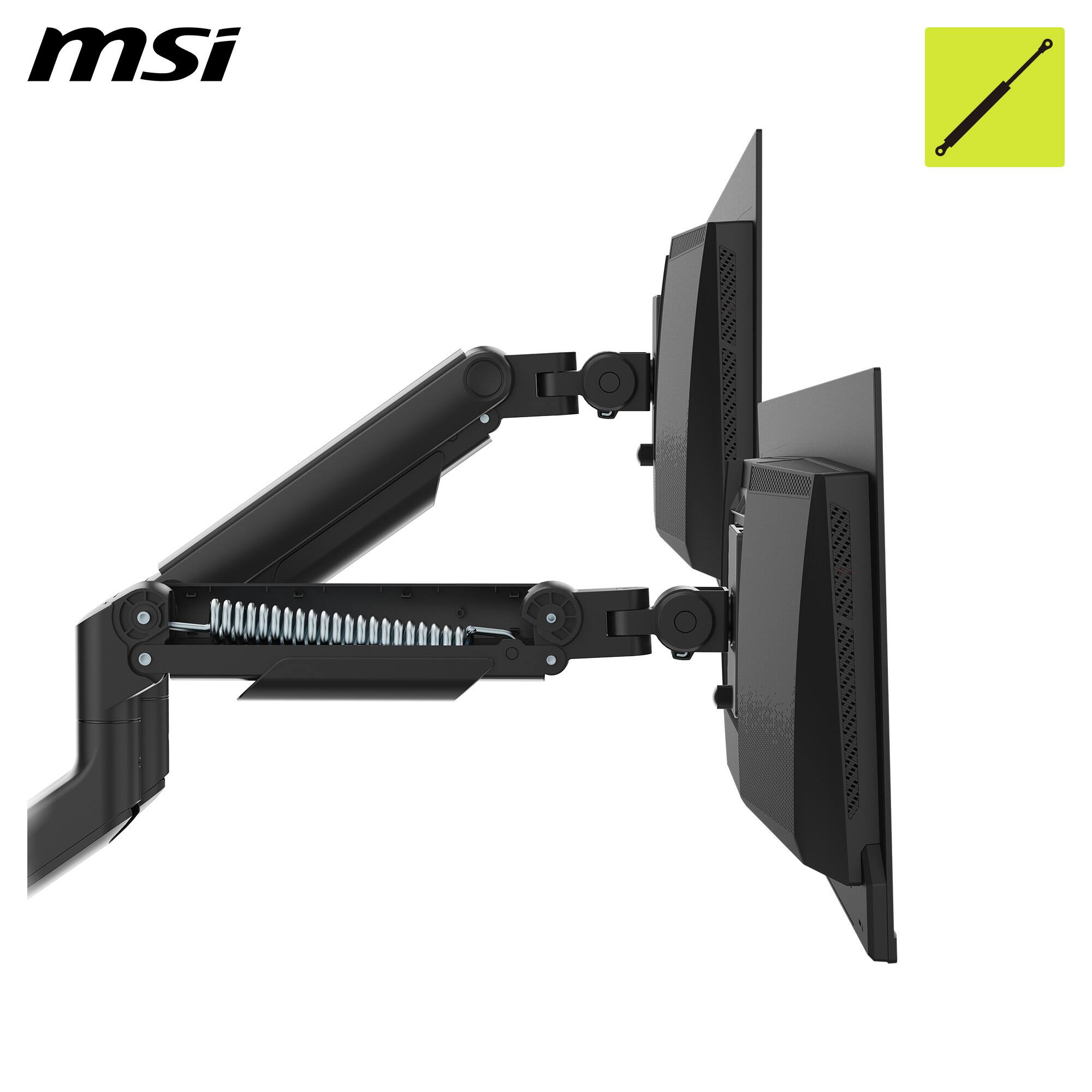 Left. MSI - MT201D Dual Monitor Arm – Heavy Duty Adjustable Spring Desk Mount, VESA Compatible, 17–45in, 44 lbs, Clamp & Grommet - Matte Black.