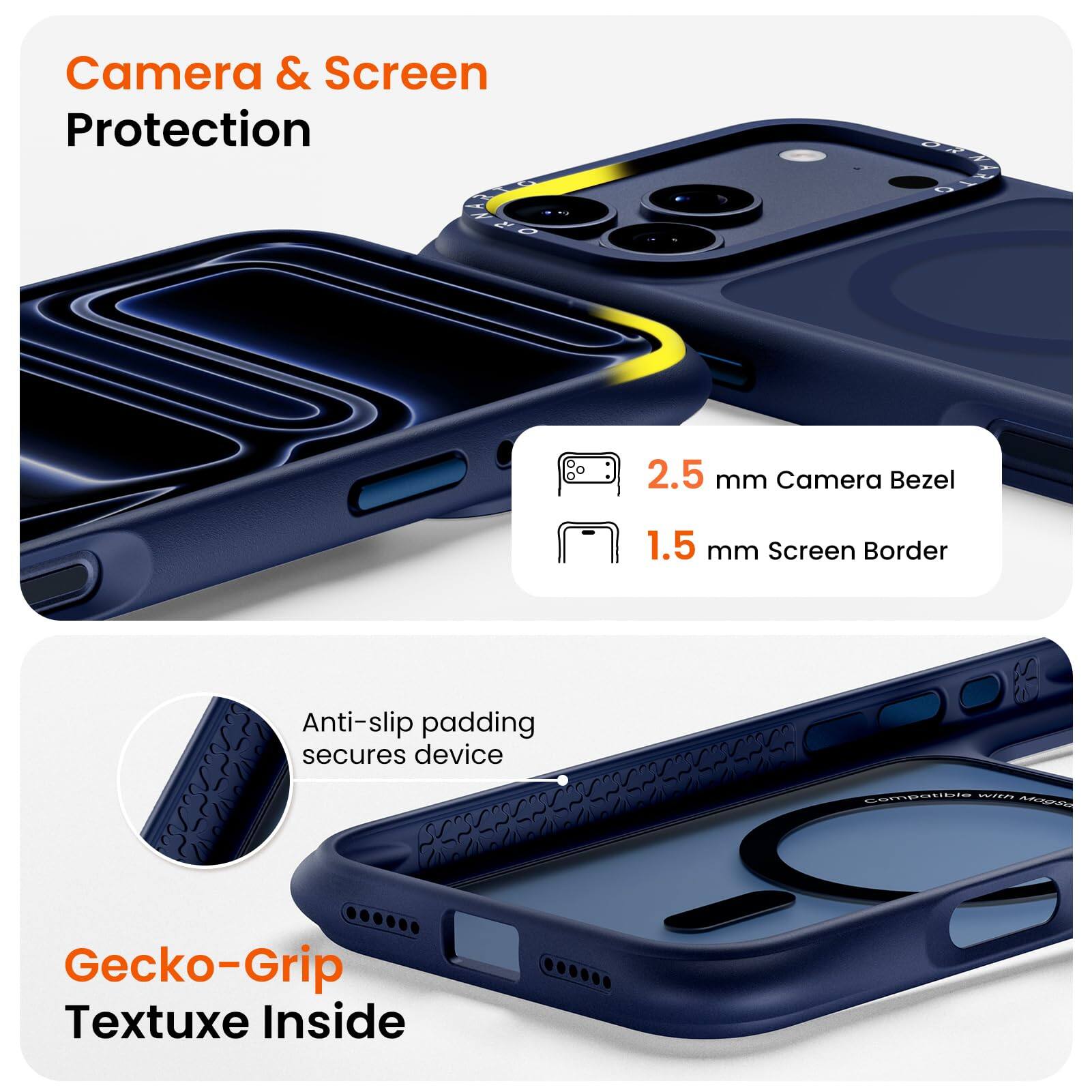 Camera & Screen Protection  
2.5 mm Camera Bezel  
1.5 mm Screen Border  
Anti-slip padding secures device  
Gecko-Grip Textuxe Inside