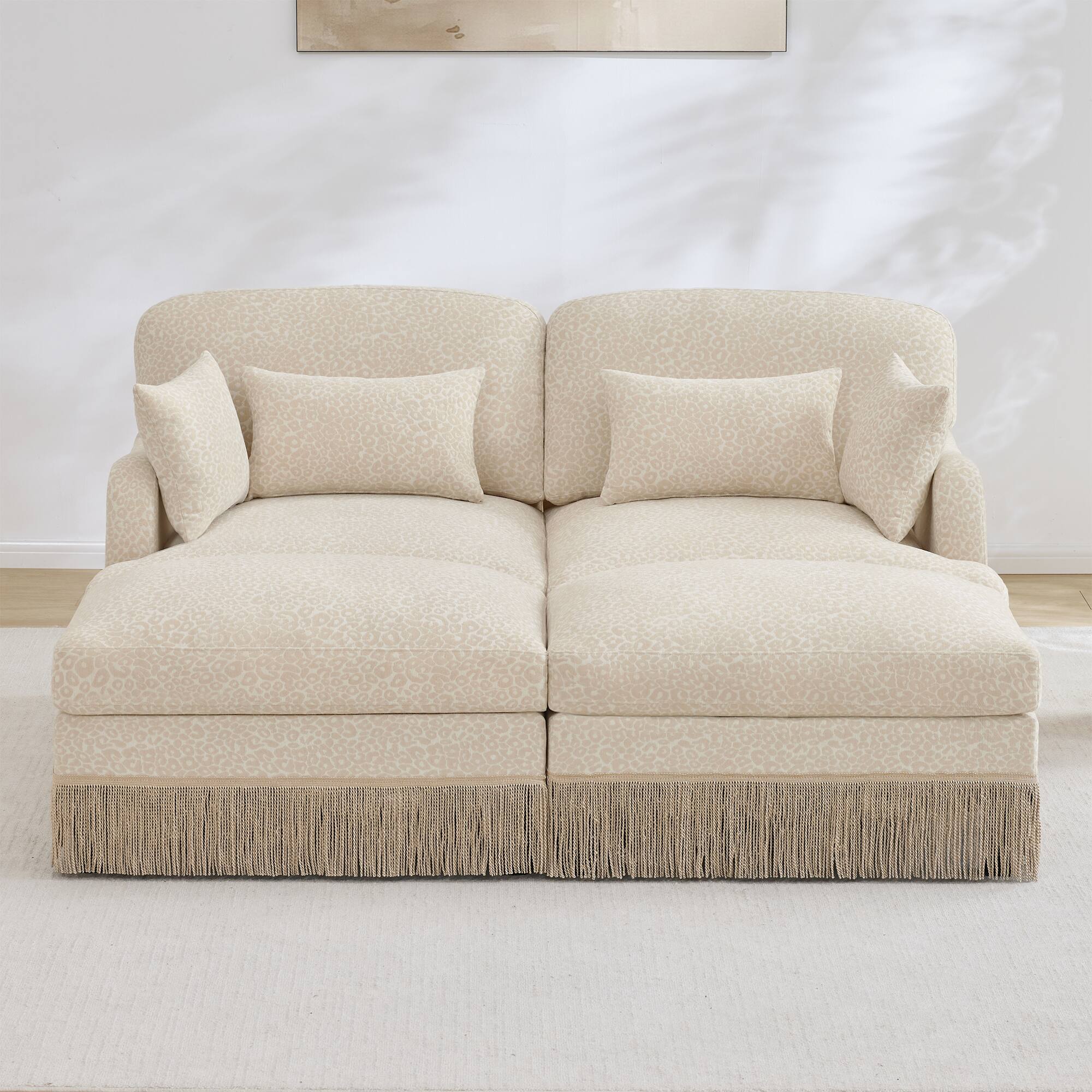 Alt View 1. Anysun - Modular Comfy Leopard Printing Loveseat with Exquisite Tassel Trimmings and 2 Movable Ottomans - Beige.