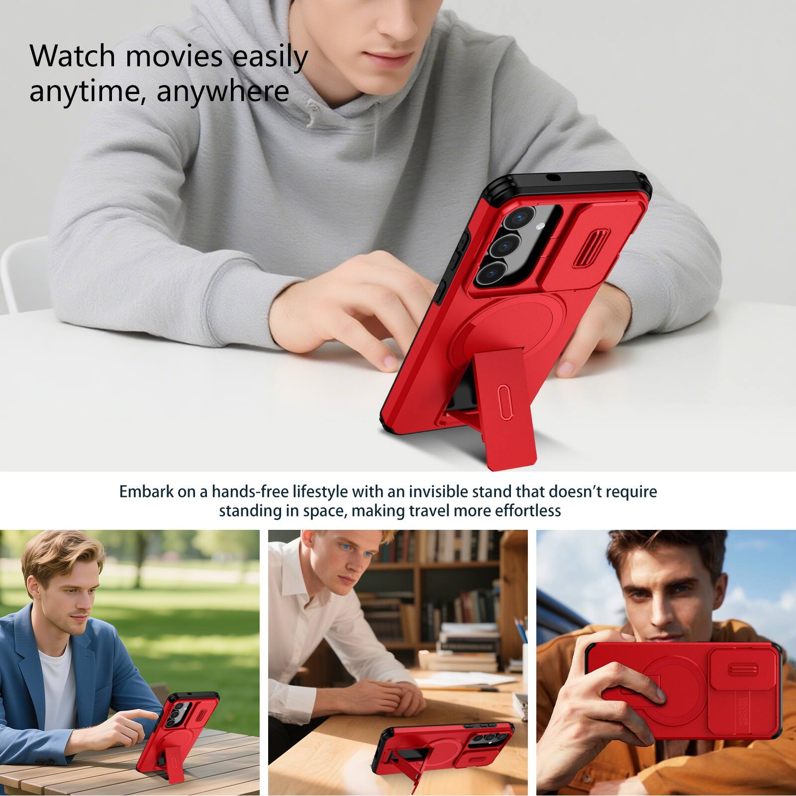 Watch movies easily anytime, anywhere

Embark on a hands-free lifestyle with an invisible stand that doesn't require standing in space, making travel more effortless