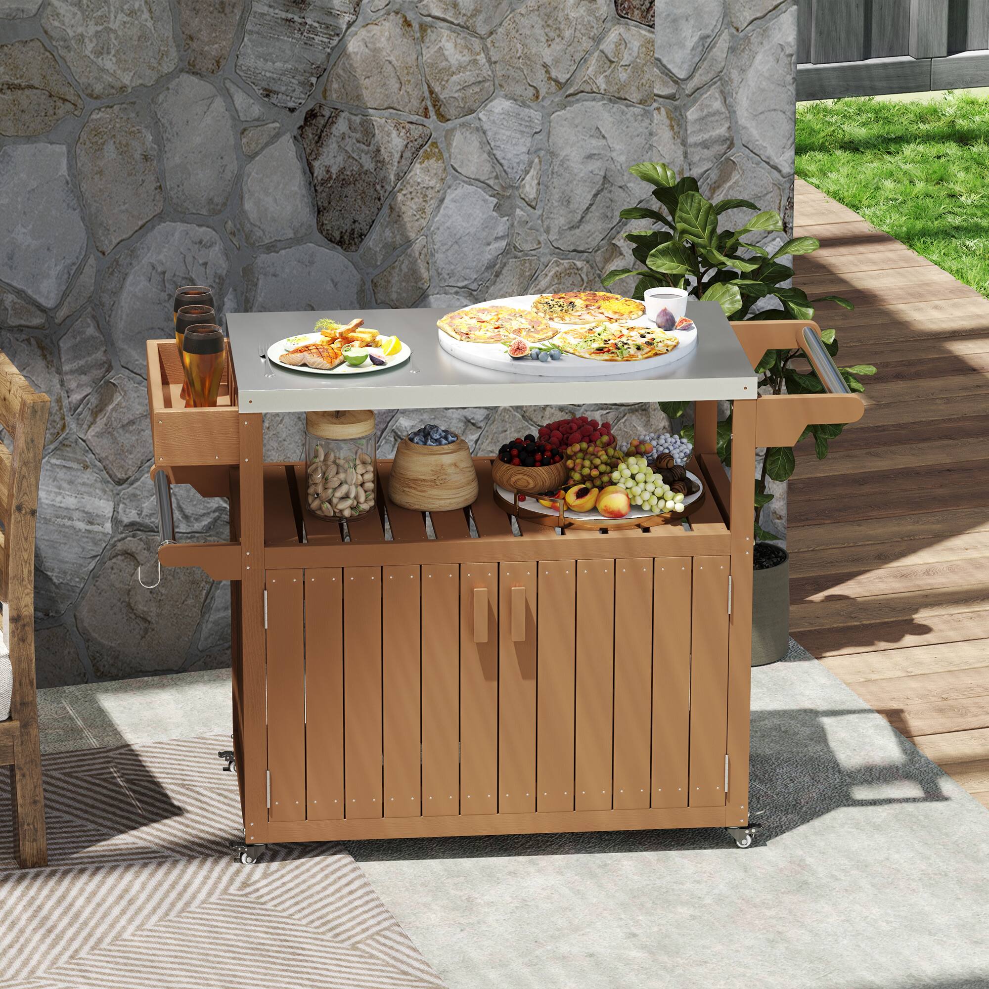 Alt View 1. Outsunny - Bar Cart with Storage, Stainless Steel Outdoor Bar Table Top - Brown.