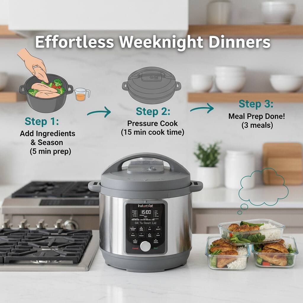 Effortless Weeknight Dinners

Step 1: Add Ingredients & Season (5 min prep)

Step 2: Pressure Cook (15 min cook time)

Step 3: Meal Prep Done! (3 meals)