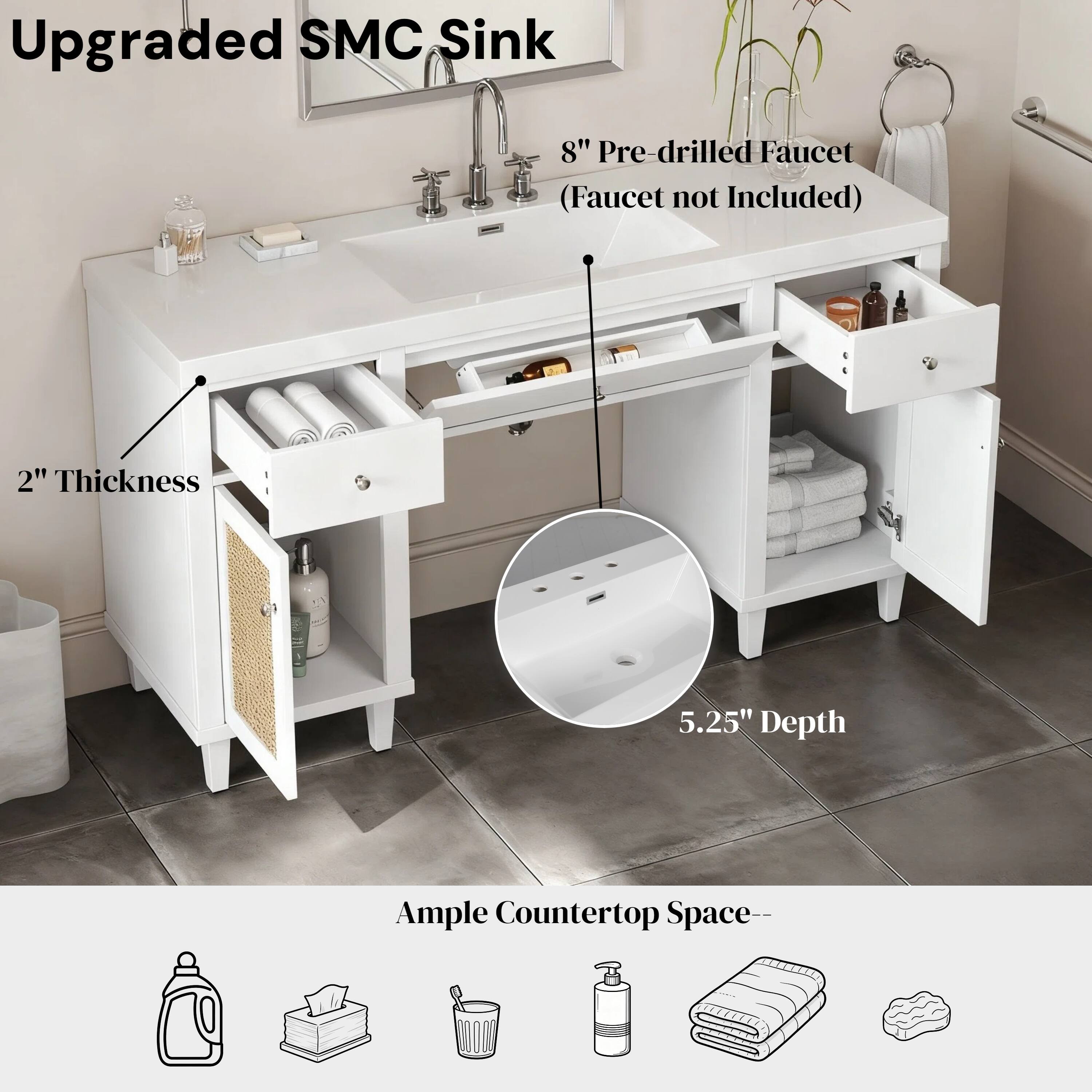 Upgraded SMC Sink  
8" Pre-drilled Faucet (Faucet not Included)  
2" Thickness  
5.25" Depth  
Ample Countertop Space