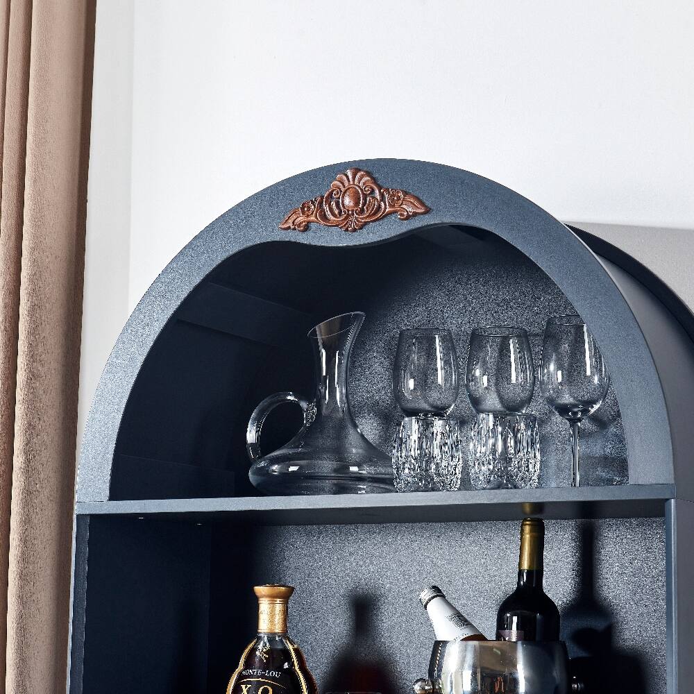 Back. Loheer - Loheer Arched Wood Wine Cabinet Freestanding Blue Liquor Bar Cabinet with Removable Rack - Blue.