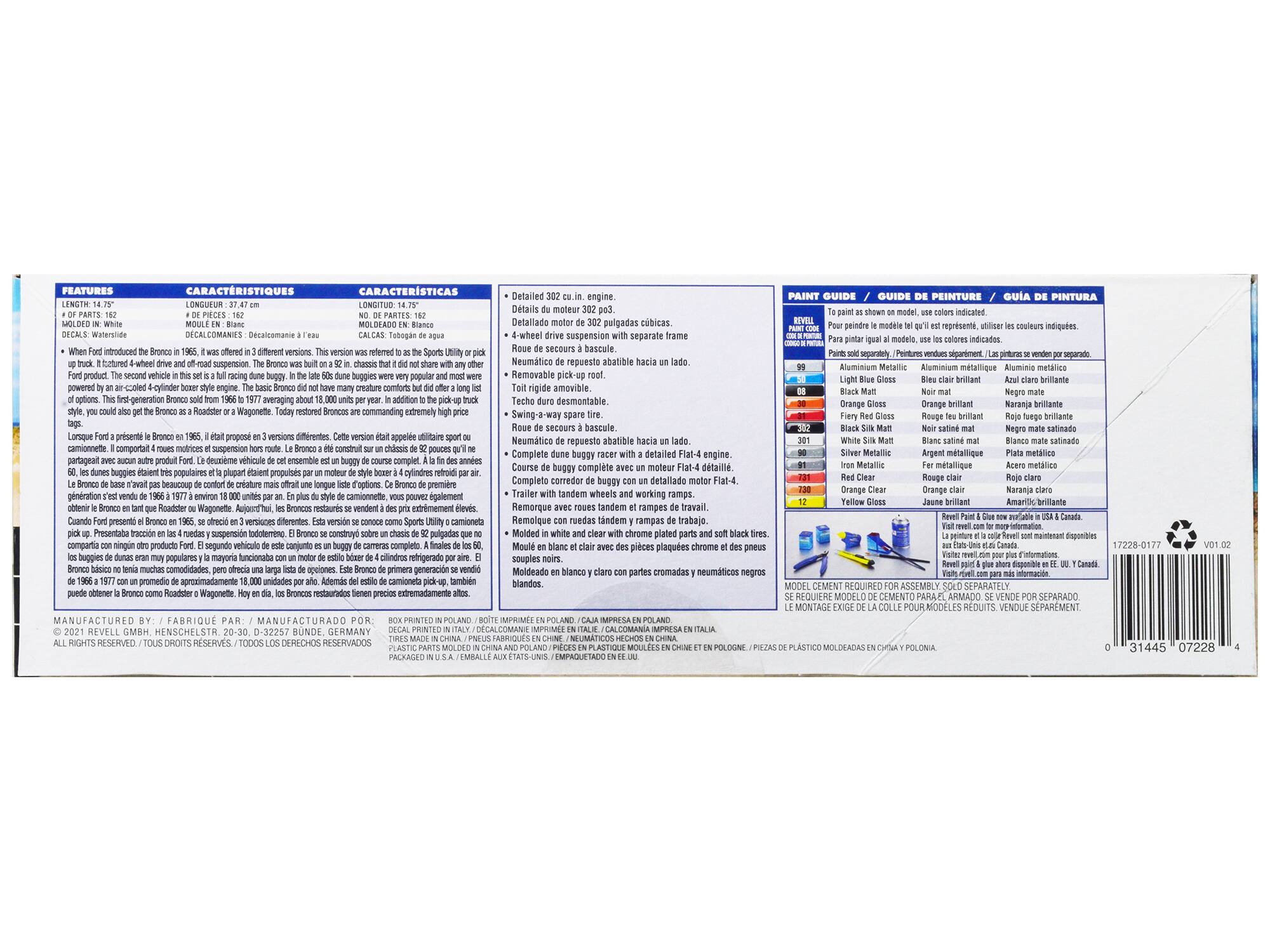 **FEATURES / CARACTÉRISTIQUES / CARACTERÍSTICAS**

- **LENGTH:** 14.75 in / **LONGUEUR:** 37.47 cm / **LONGITUD:** 14.75 in
- **WIDTH:** 6.5 in / **LARGEUR:** 16.5 cm / **ANCHO:** 16.5 cm
- **HEIGHT:** 4.5 in / **HAUTEUR:** 11.4 cm / **ALTURA:** 11.4 cm
- **DECALS:** Waterslide / **DECALCOMANIES:** Decalcomanie en eau / **CALCOS:** Decalcomanía en agua
- **DETAILS:** 302 cu. in. engine / **Détails du moteur de 302 cu. in.**
- **4-wheel drive suspension with separate frame** / **Suspension à 4 roues avec cadre séparé**
- **Neuromatique de reprise disponible à l'arrière** / **Neumático de reprise disponible a la parte trasera**
- **Tire rigide amov