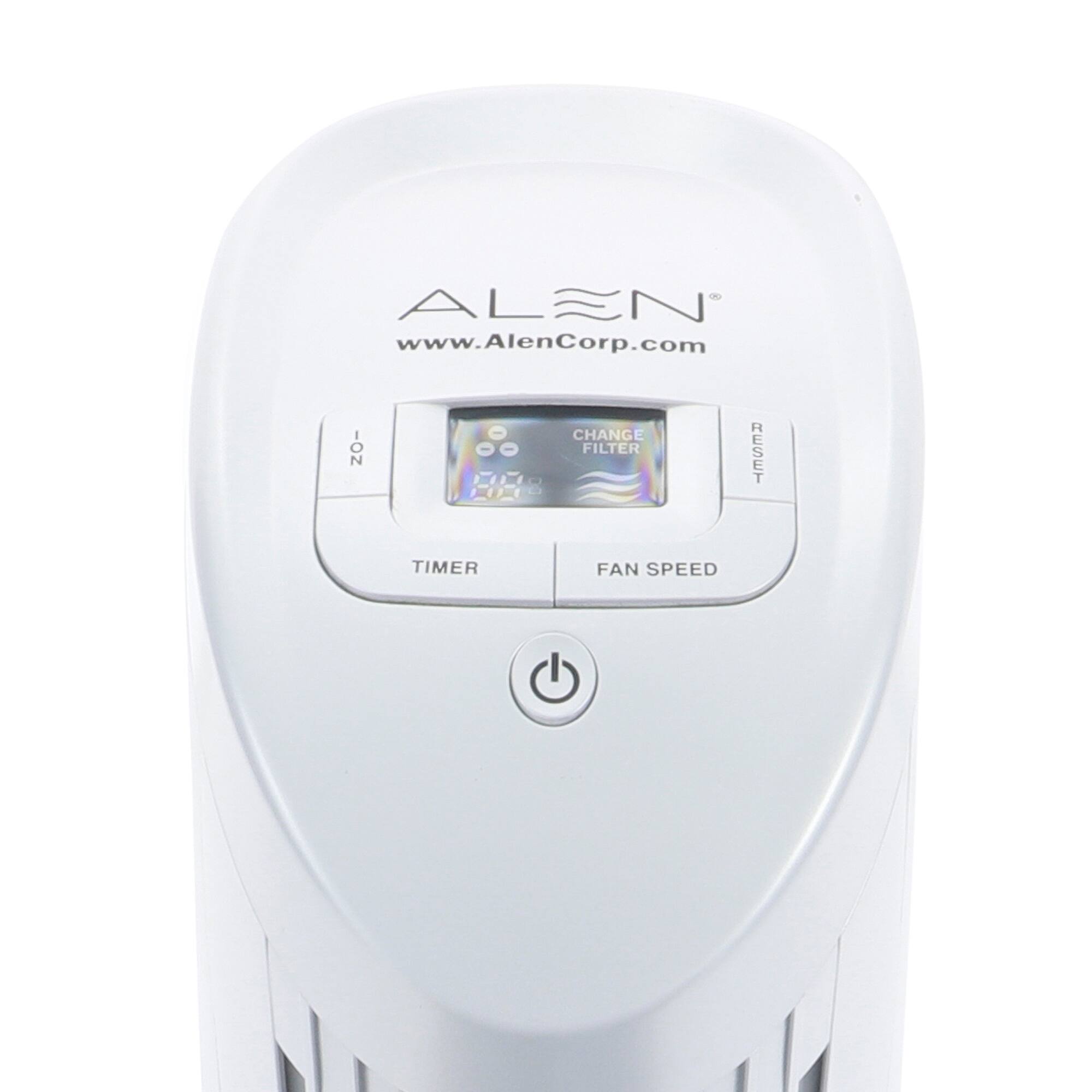 The image features a white device with the name "Alen" on it, which is a portable air purifier. The device has a timer function, fan speed control, and a filter change indicator. The filter change indicator is currently showing that the filter needs to be changed. The device is designed to improve indoor air quality and can be used in various settings, such as offices or homes.
