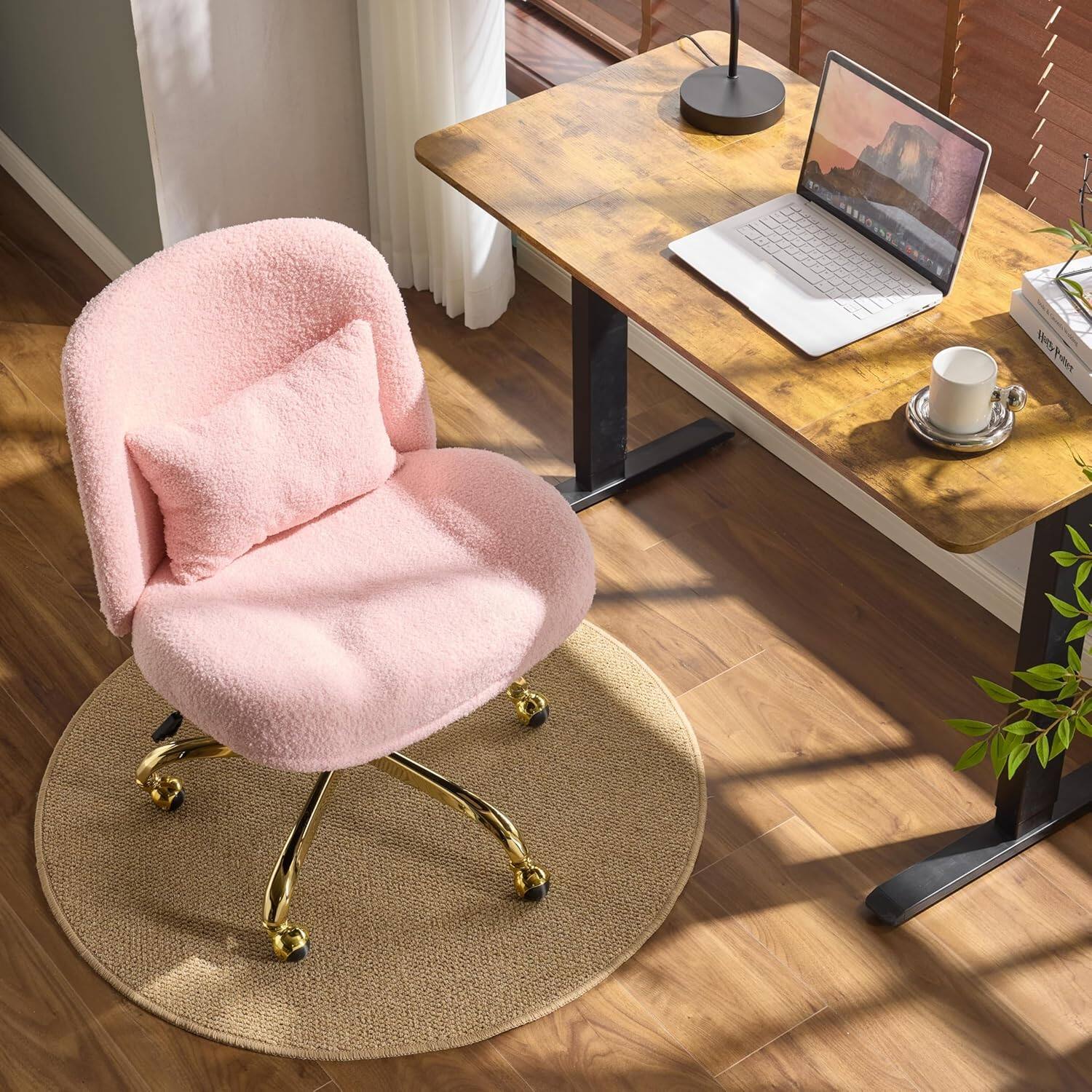 Alt View 1. Winado - Wide Criss Cross Legged Office Desk Chair with Pillow Dual-Use,Adjustable Vanity Swivel Chair for Bedroom,Home Office - Petal Pink.