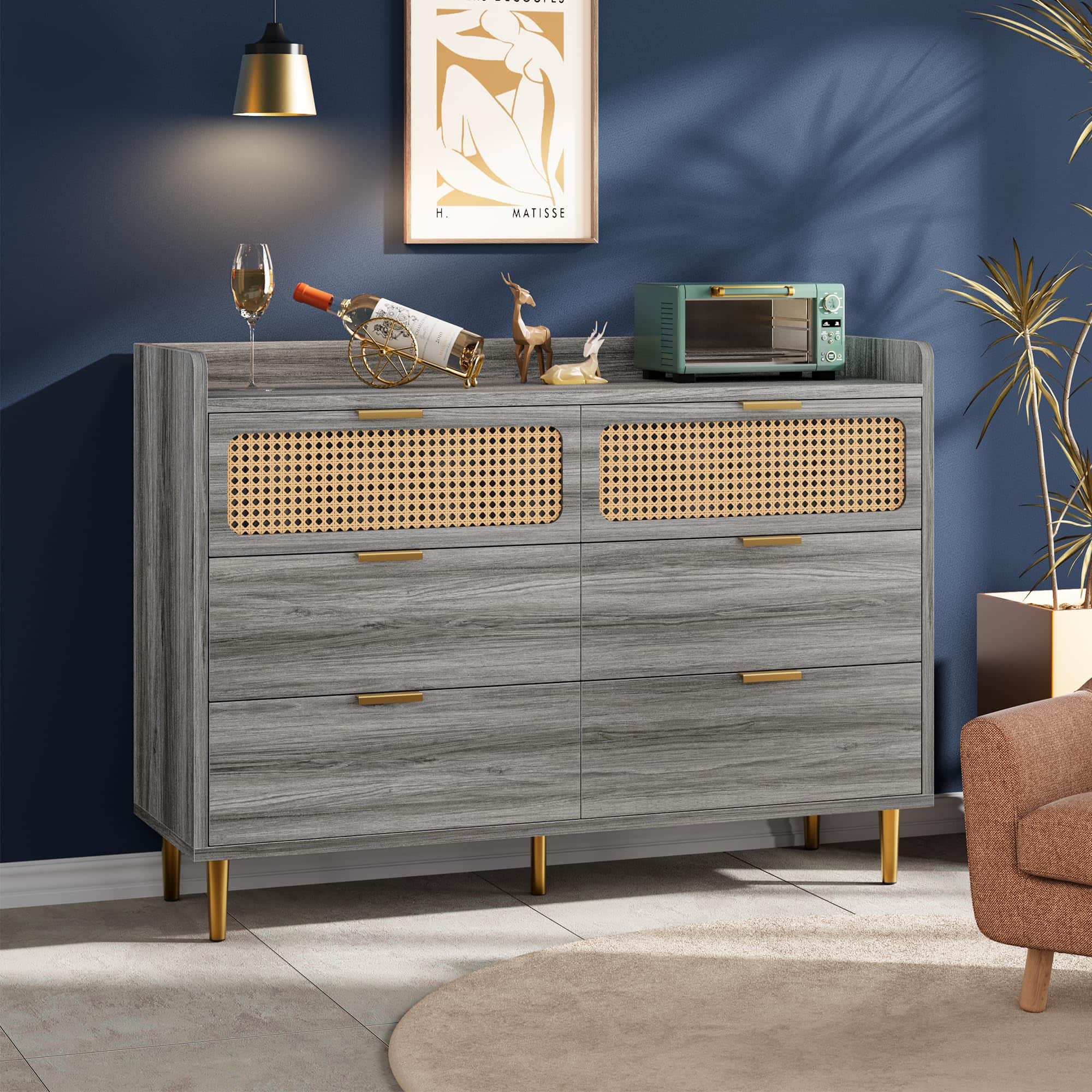 GARVEE - Mid Century Modern 6 Drawer Double Dresser with Gold Finish, High Legs, and Railed Edge Versatile TV Stand & Storage - Gray