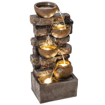 Front. Outsunny - 28" Outdoor Fountain with 5-Tier Rustic Jugs and Rock, Cascading Waterfall with LED Lights, Adjustable Flow.