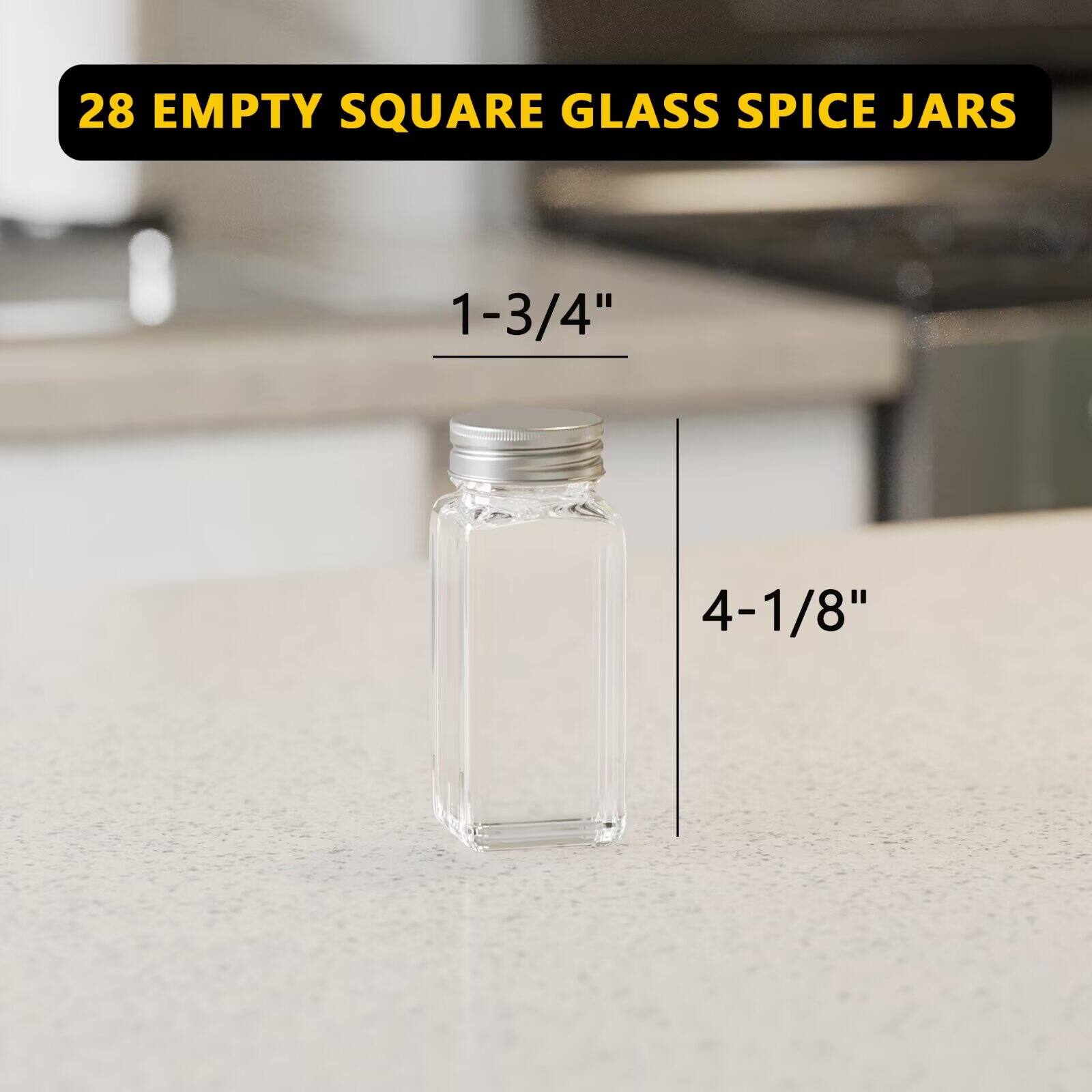 28 EMPTY SQUARE GLASS SPICE JARS  
1-3/4" x 4-1/8"