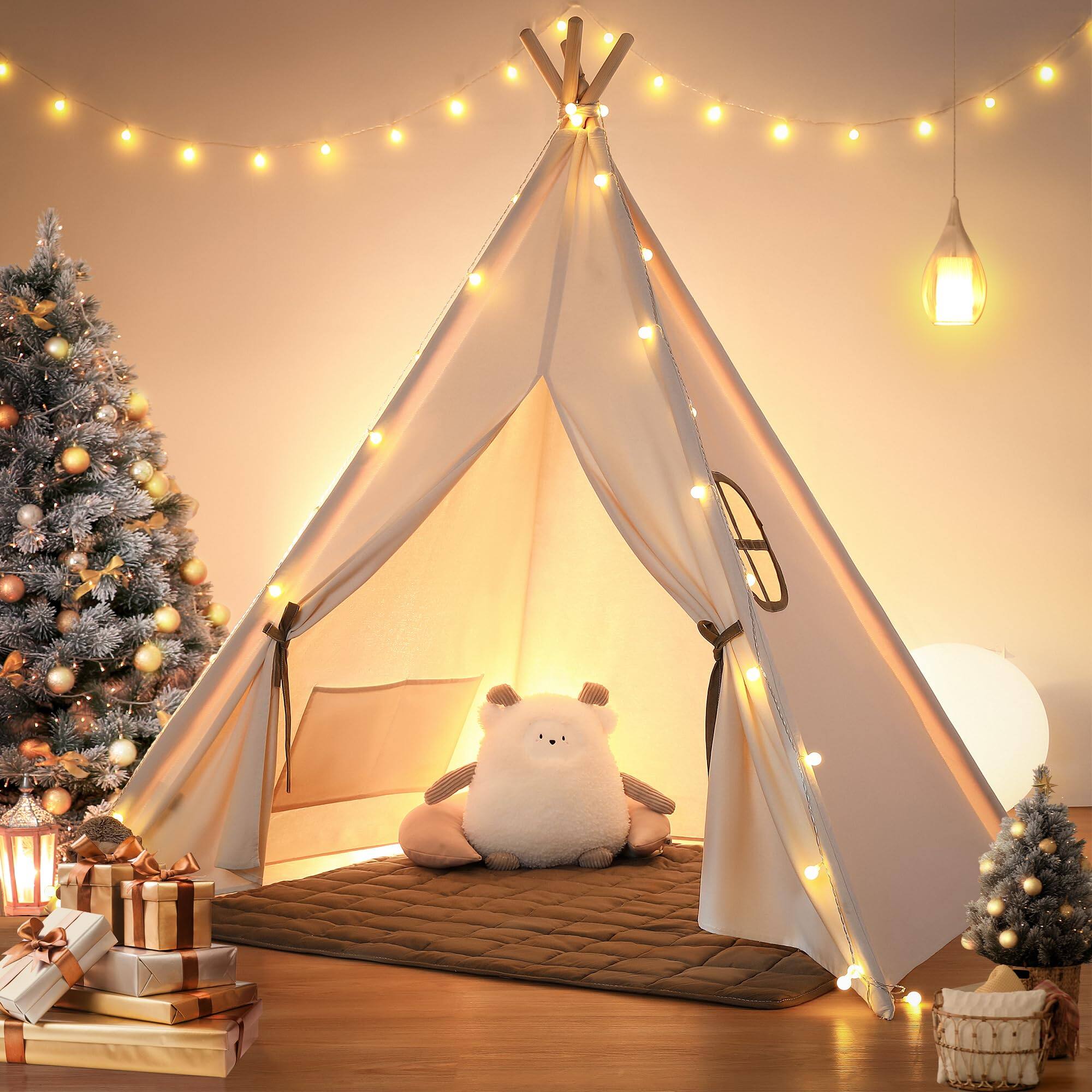 Front. Skar Audio - Teepee Tent For With Light & Mat Tents Indoor Play Playhouse Tipi Cotton Tee Pee - Off-white padded mat.