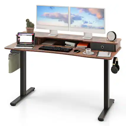 Front. Costway - Costway 55"x 24" Electric Standing Desk with 2 Drawers Monitor Stand Storage Shelf - Brown.