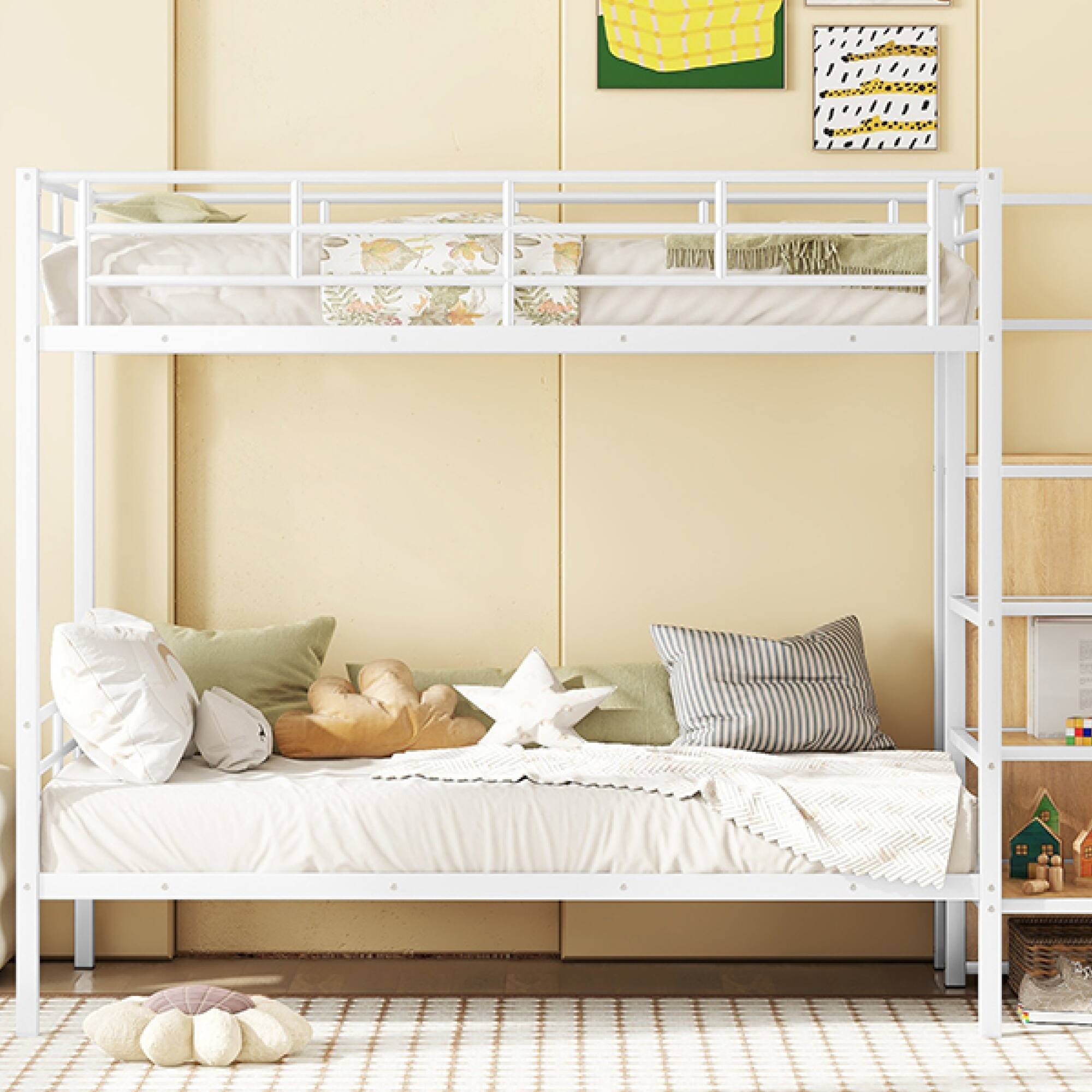 Alt View 9. GOODSILO - Contemporary Twin Over Twin Metal Bunk Bed with Integrated Storage Ladder and Wardrobe - White.