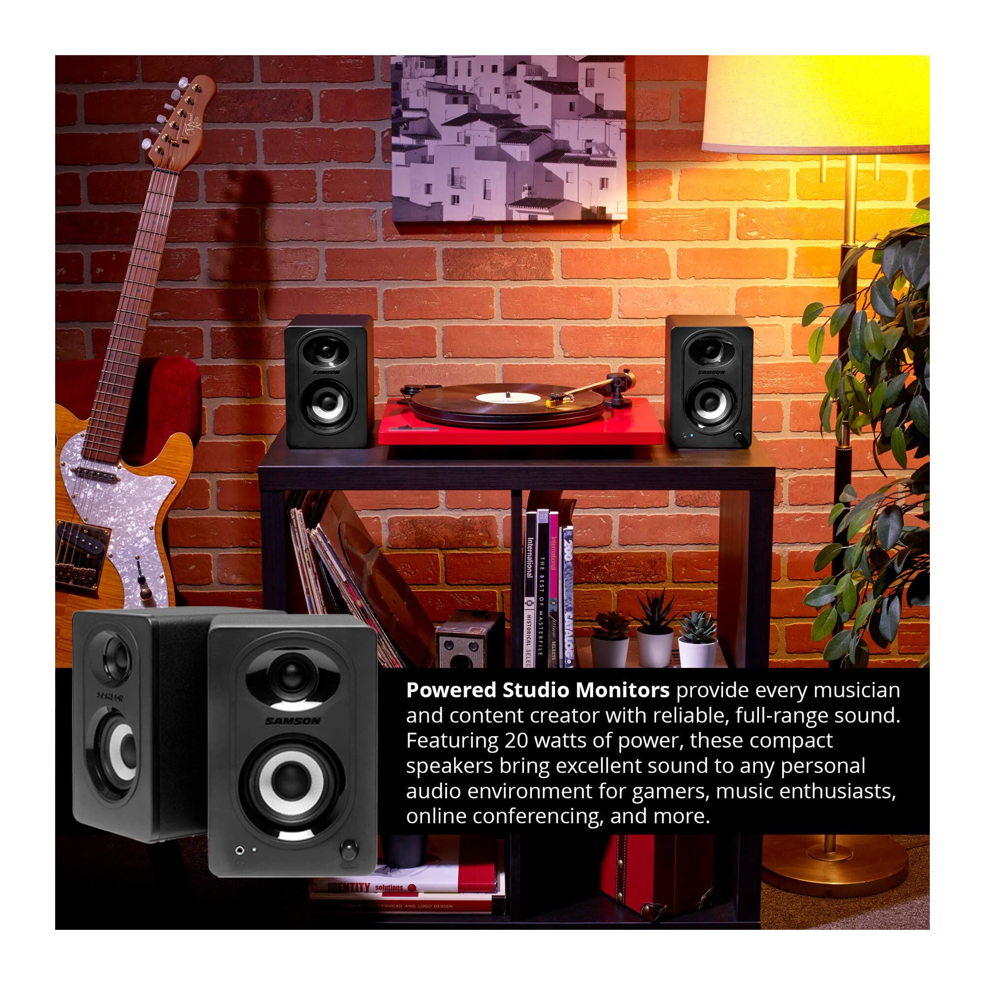 A2 SAMSON International

Powered Studio Monitors provide every musician and content creator with reliable, full-range sound. Featuring 20 watts of power, these compact speakers bring excellent sound to any personal audio environment for gamers, music enthusiasts, online conferencing, and more.